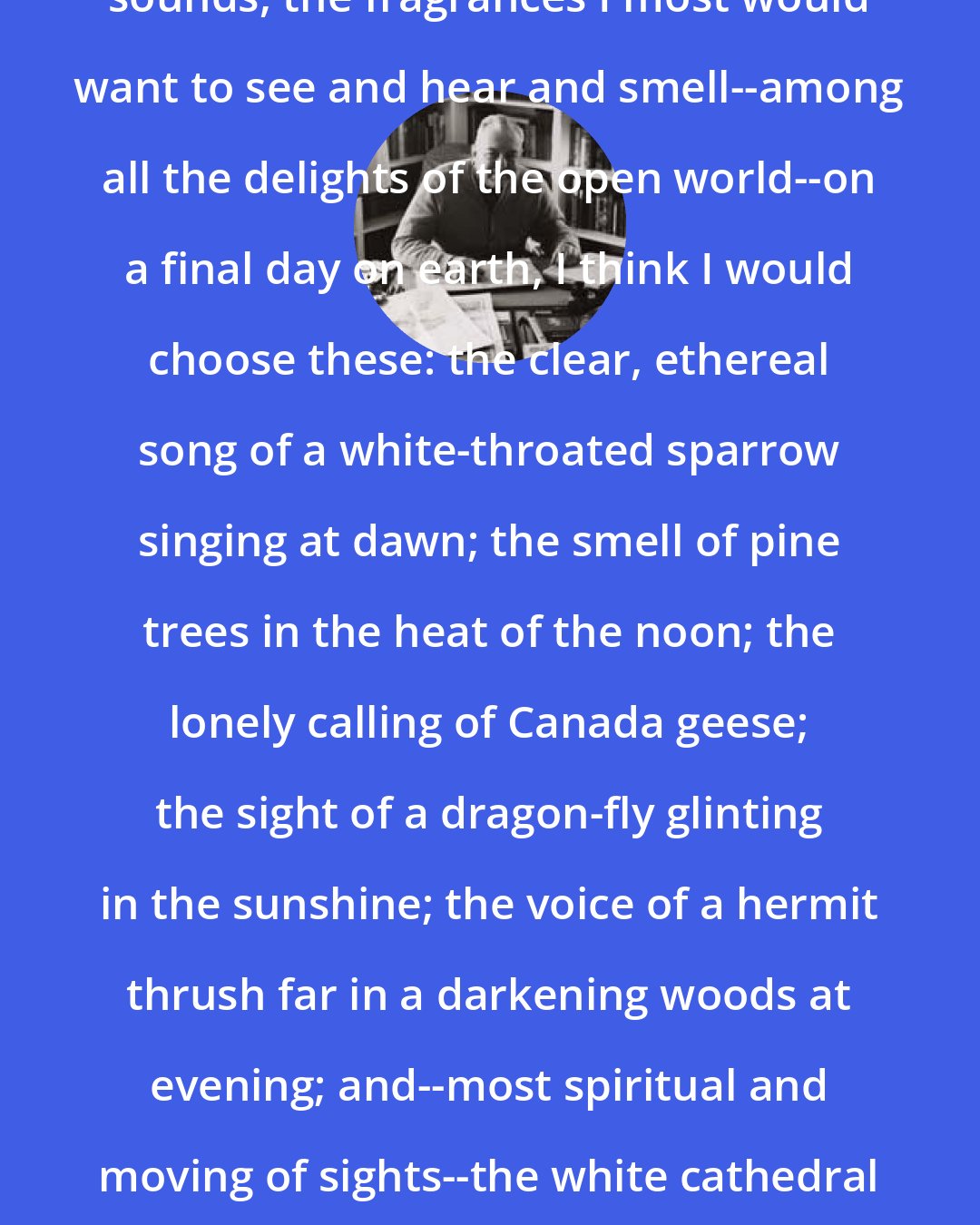 Edwin Way Teale: If I were to choose the sights, the sounds, the fragrances I most would want to see and hear and smell--among all the delights of the open world--on a final day on earth, I think I would choose these: the clear, ethereal song of a white-throated sparrow singing at dawn; the smell of pine trees in the heat of the noon; the lonely calling of Canada geese; the sight of a dragon-fly glinting in the sunshine; the voice of a hermit thrush far in a darkening woods at evening; and--most spiritual and moving of sights--the white cathedral of a cumulus cloud floating serenely in the blue of the sky.