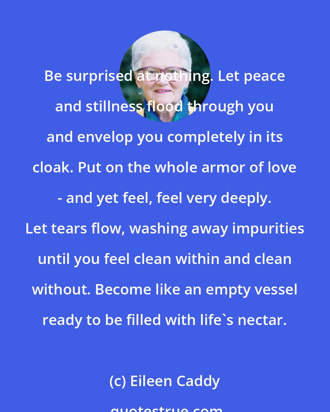 Eileen Caddy: Be surprised at nothing. Let peace and stillness flood through you and envelop you completely in its cloak. Put on the whole armor of love - and yet feel, feel very deeply. Let tears flow, washing away impurities until you feel clean within and clean without. Become like an empty vessel ready to be filled with life's nectar.