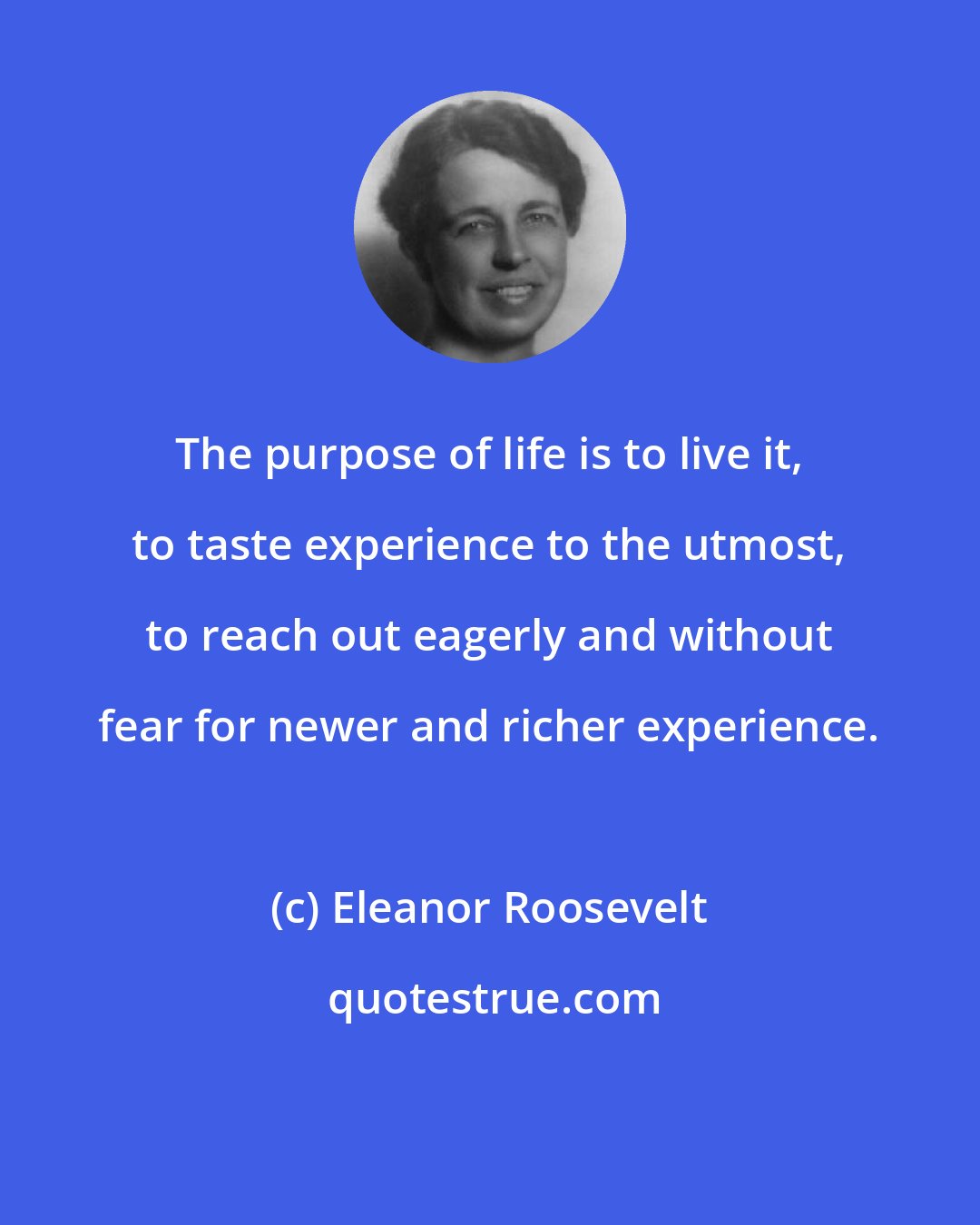 Eleanor Roosevelt: The purpose of life is to live it, to taste experience to the utmost, to reach out eagerly and without fear for newer and richer experience.