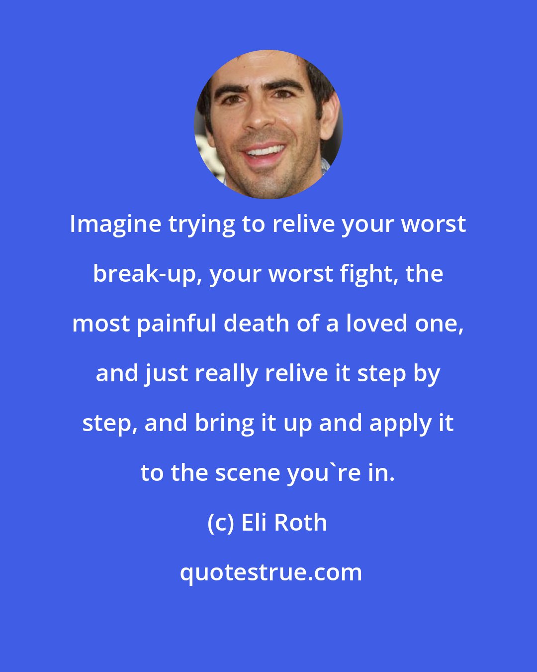 Eli Roth: Imagine trying to relive your worst break-up, your worst fight, the most painful death of a loved one, and just really relive it step by step, and bring it up and apply it to the scene you're in.