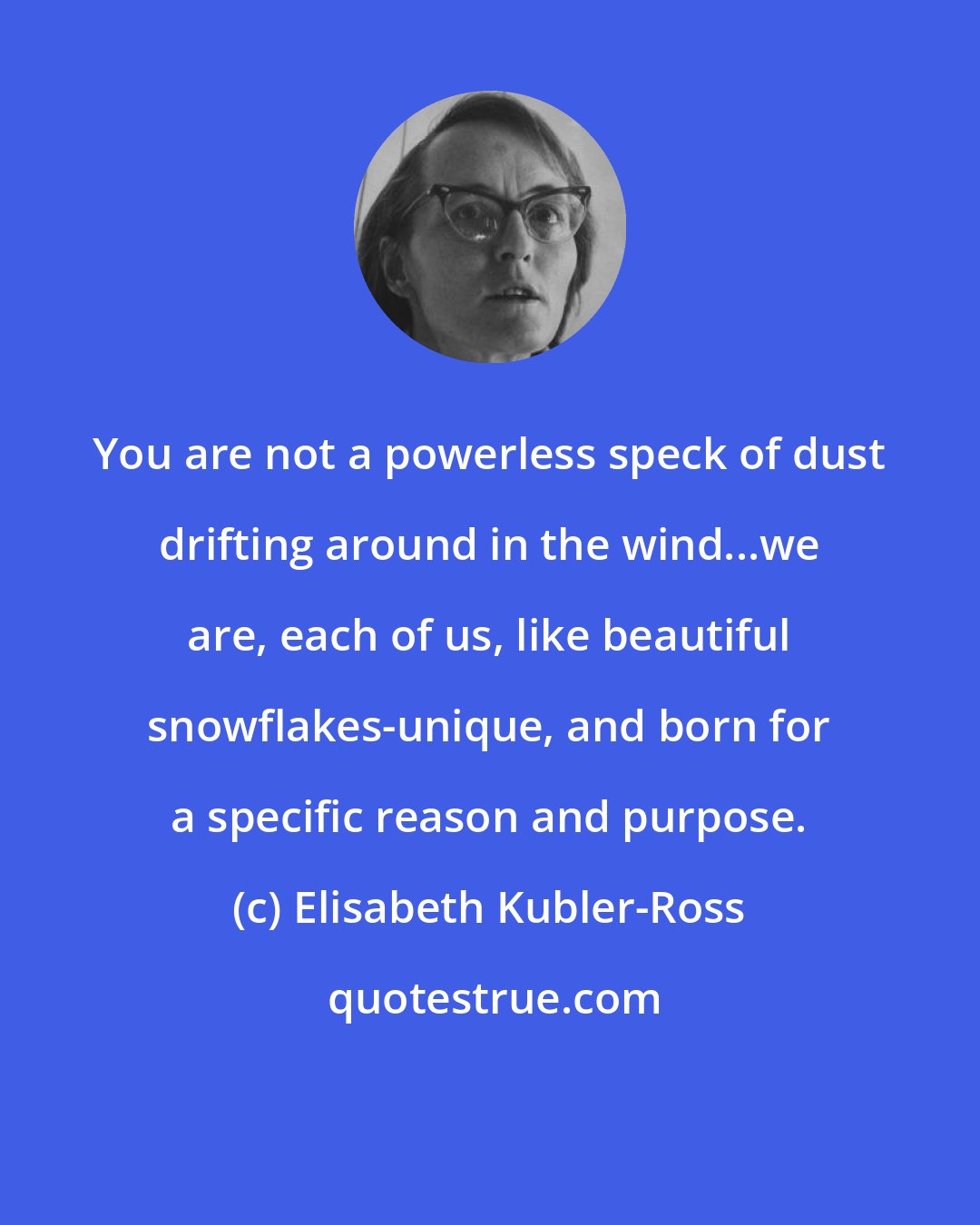 Elisabeth Kubler-Ross: You are not a powerless speck of dust drifting around in the wind...we are, each of us, like beautiful snowflakes-unique, and born for a specific reason and purpose.