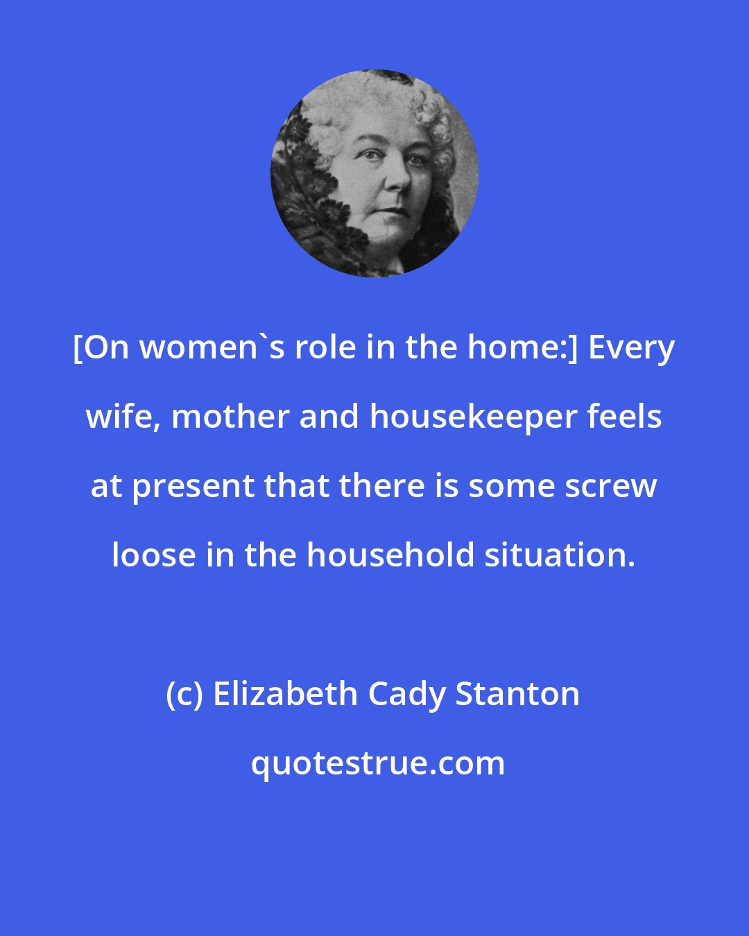 Elizabeth Cady Stanton: [On women's role in the home:] Every wife, mother and housekeeper feels at present that there is some screw loose in the household situation.