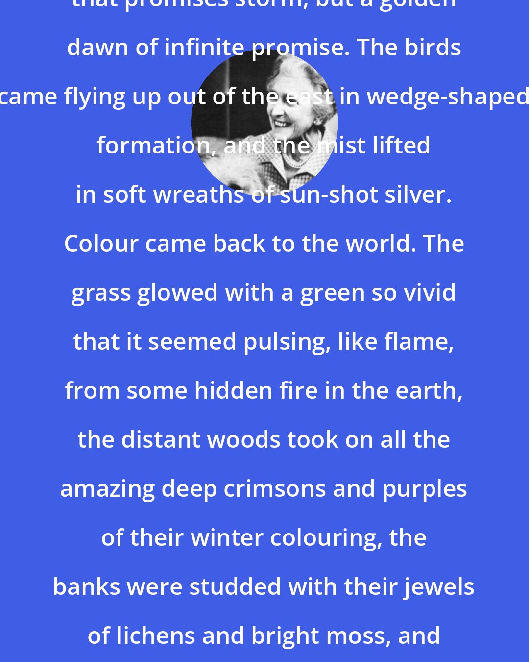 Elizabeth Goudge: The dawn came - not the flaming sky that promises storm, but a golden dawn of infinite promise. The birds came flying up out of the east in wedge-shaped formation, and the mist lifted in soft wreaths of sun-shot silver. Colour came back to the world. The grass glowed with a green so vivid that it seemed pulsing, like flame, from some hidden fire in the earth, the distant woods took on all the amazing deep crimsons and purples of their winter colouring, the banks were studded with their jewels of lichens and bright moss, and above the wet hedges shone with sun-shot orbs of light.