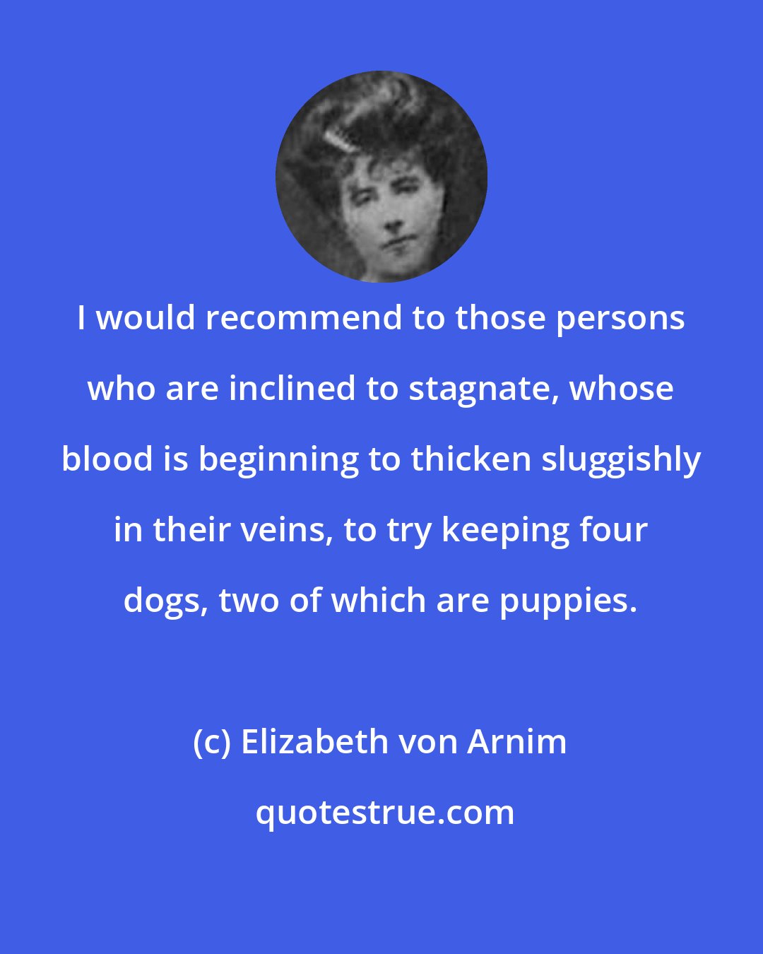 Elizabeth von Arnim: I would recommend to those persons who are inclined to stagnate, whose blood is beginning to thicken sluggishly in their veins, to try keeping four dogs, two of which are puppies.