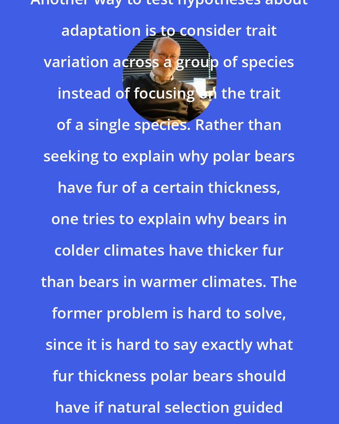 Elliott Sober: Another way to test hypotheses about adaptation is to consider trait variation across a group of species instead of focusing on the trait of a single species. Rather than seeking to explain why polar bears have fur of a certain thickness, one tries to explain why bears in colder climates have thicker fur than bears in warmer climates. The former problem is hard to solve, since it is hard to say exactly what fur thickness polar bears should have if natural selection guided the evolution of that trait.