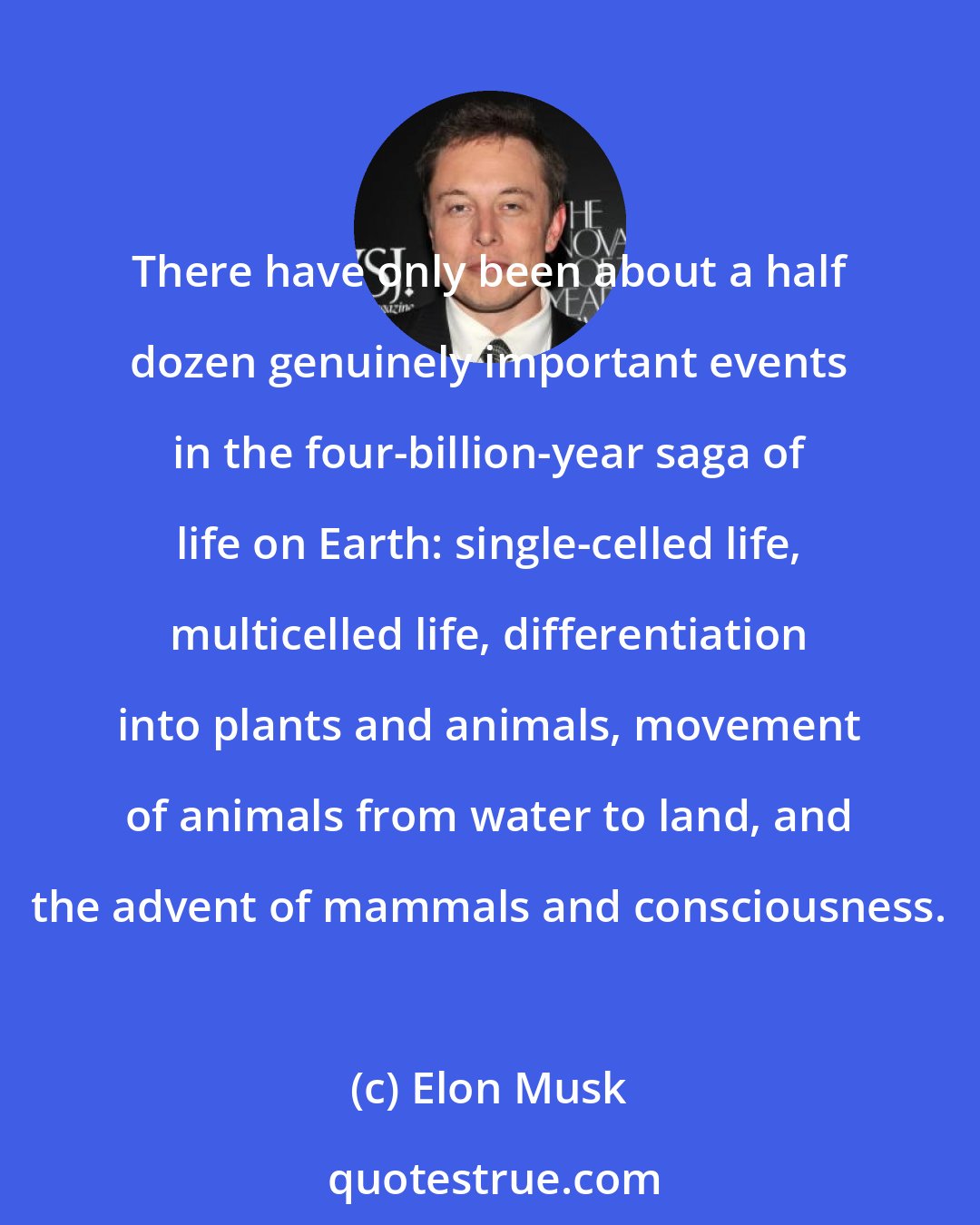 Elon Musk: There have only been about a half dozen genuinely important events in the four-billion-year saga of life on Earth: single-celled life, multicelled life, differentiation into plants and animals, movement of animals from water to land, and the advent of mammals and consciousness.