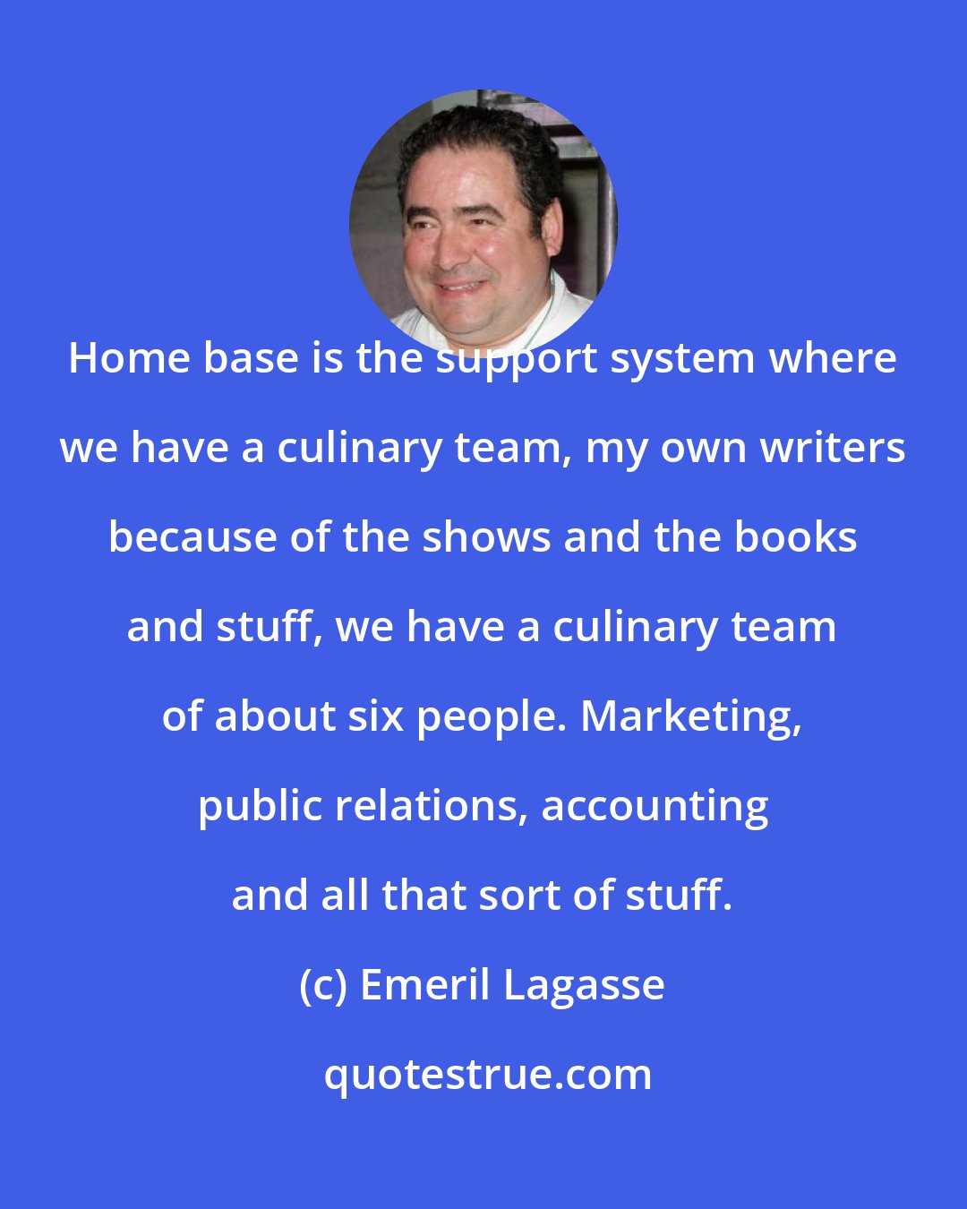 Emeril Lagasse: Home base is the support system where we have a culinary team, my own writers because of the shows and the books and stuff, we have a culinary team of about six people. Marketing, public relations, accounting and all that sort of stuff.