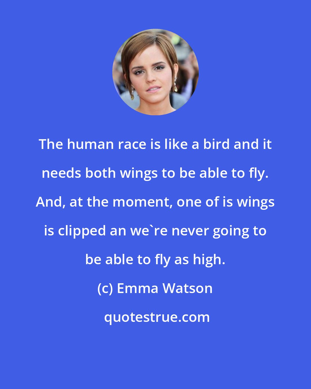 Emma Watson: The human race is like a bird and it needs both wings to be able to fly. And, at the moment, one of is wings is clipped an we're never going to be able to fly as high.