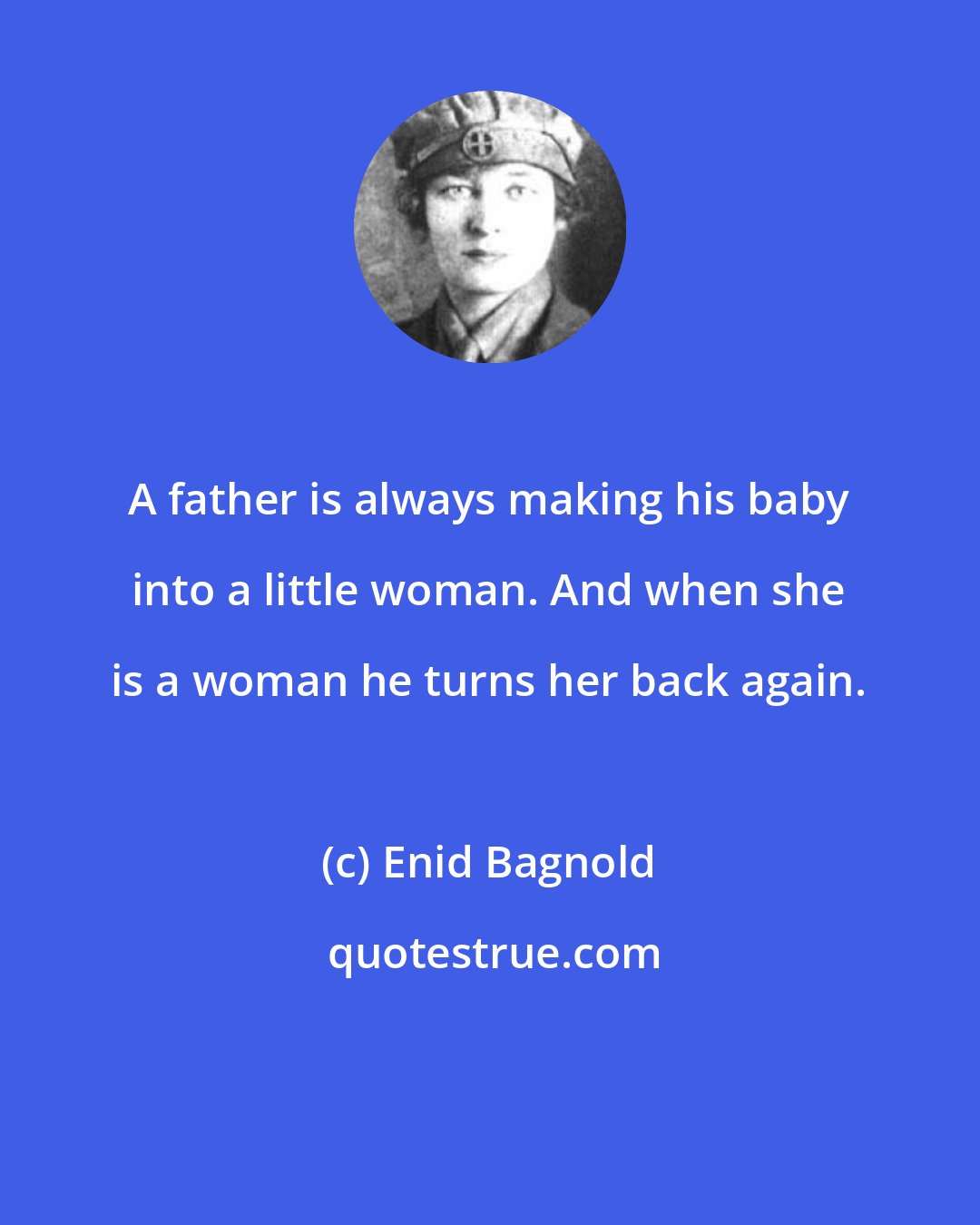 Enid Bagnold: A father is always making his baby into a little woman. And when she is a woman he turns her back again.