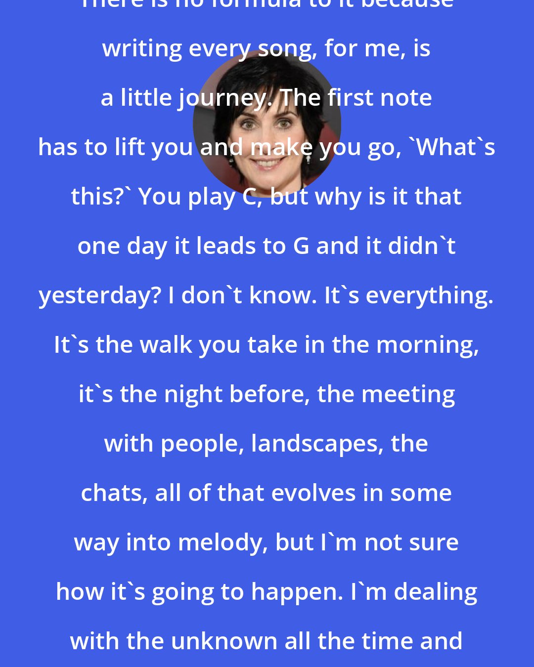 Enya: There is no formula to it because writing every song, for me, is a little journey. The first note has to lift you and make you go, 'What's this?' You play C, but why is it that one day it leads to G and it didn't yesterday? I don't know. It's everything. It's the walk you take in the morning, it's the night before, the meeting with people, landscapes, the chats, all of that evolves in some way into melody, but I'm not sure how it's going to happen. I'm dealing with the unknown all the time and that is exciting.