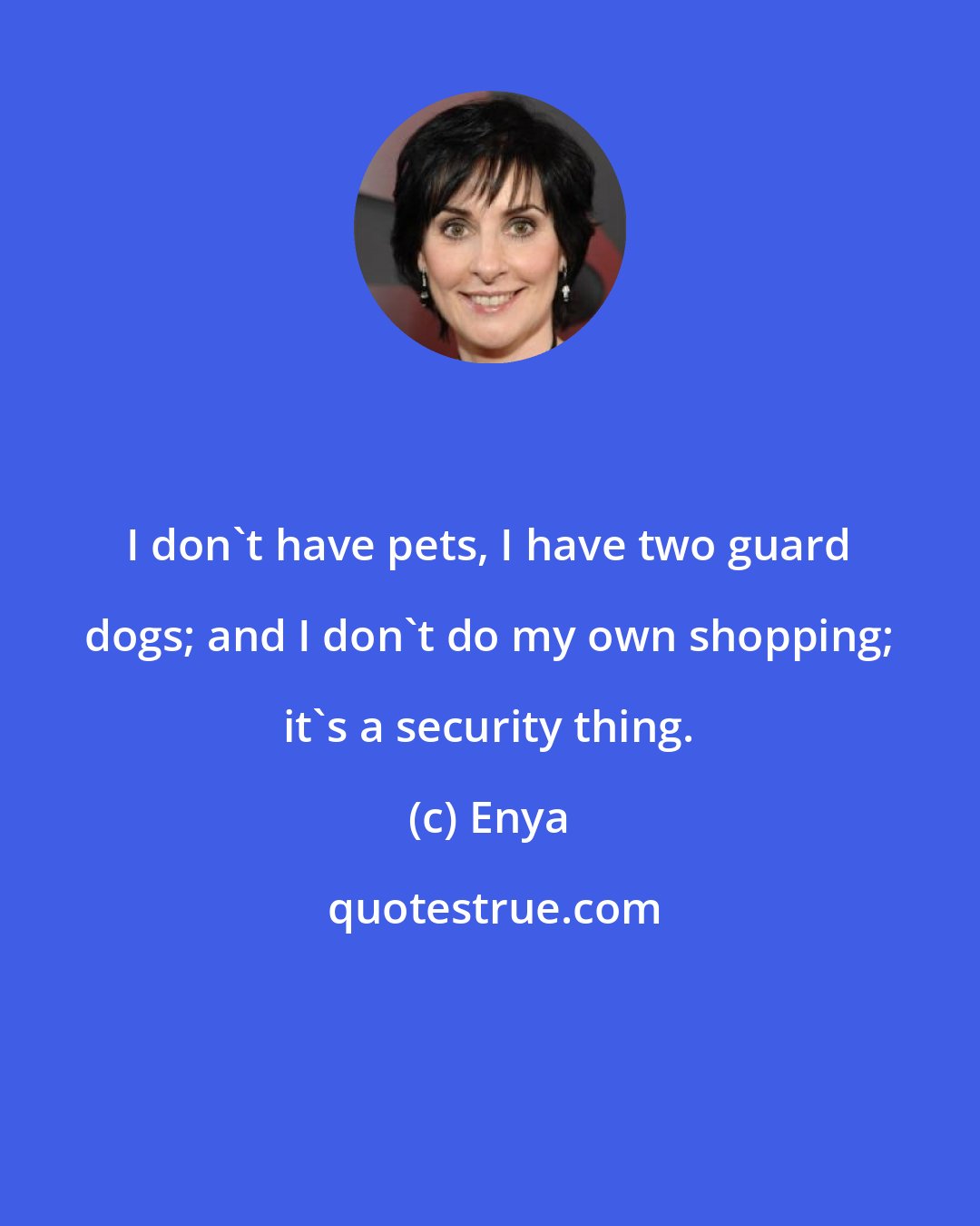 Enya: I don't have pets, I have two guard dogs; and I don't do my own shopping; it's a security thing.