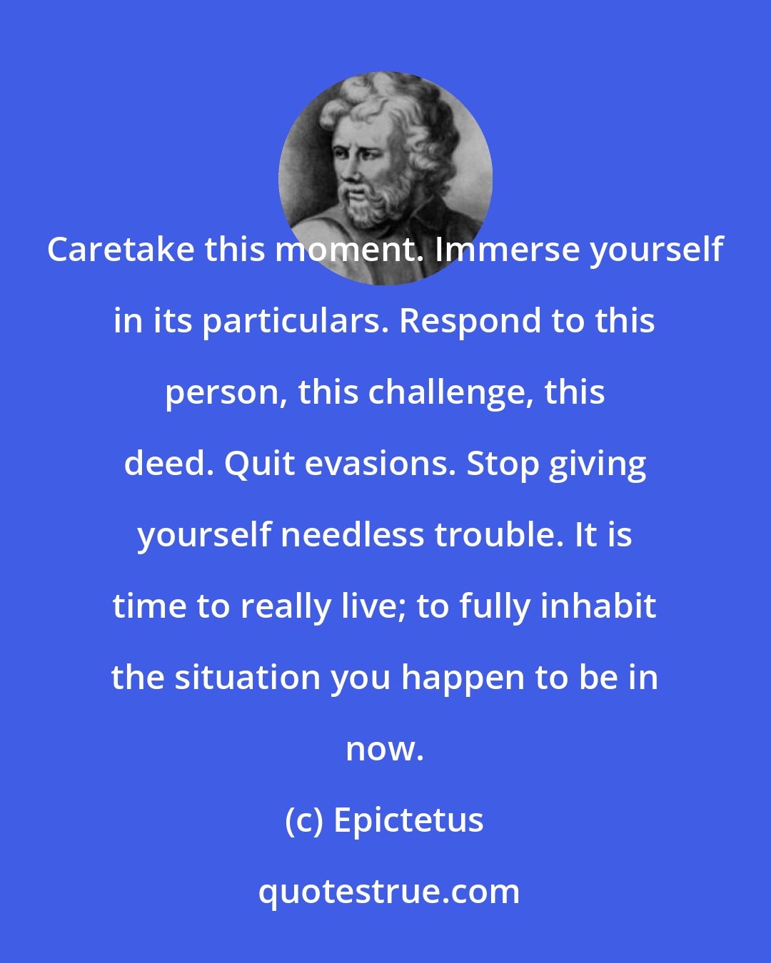 Epictetus: Caretake this moment. Immerse yourself in its particulars. Respond to this person, this challenge, this deed. Quit evasions. Stop giving yourself needless trouble. It is time to really live; to fully inhabit the situation you happen to be in now.