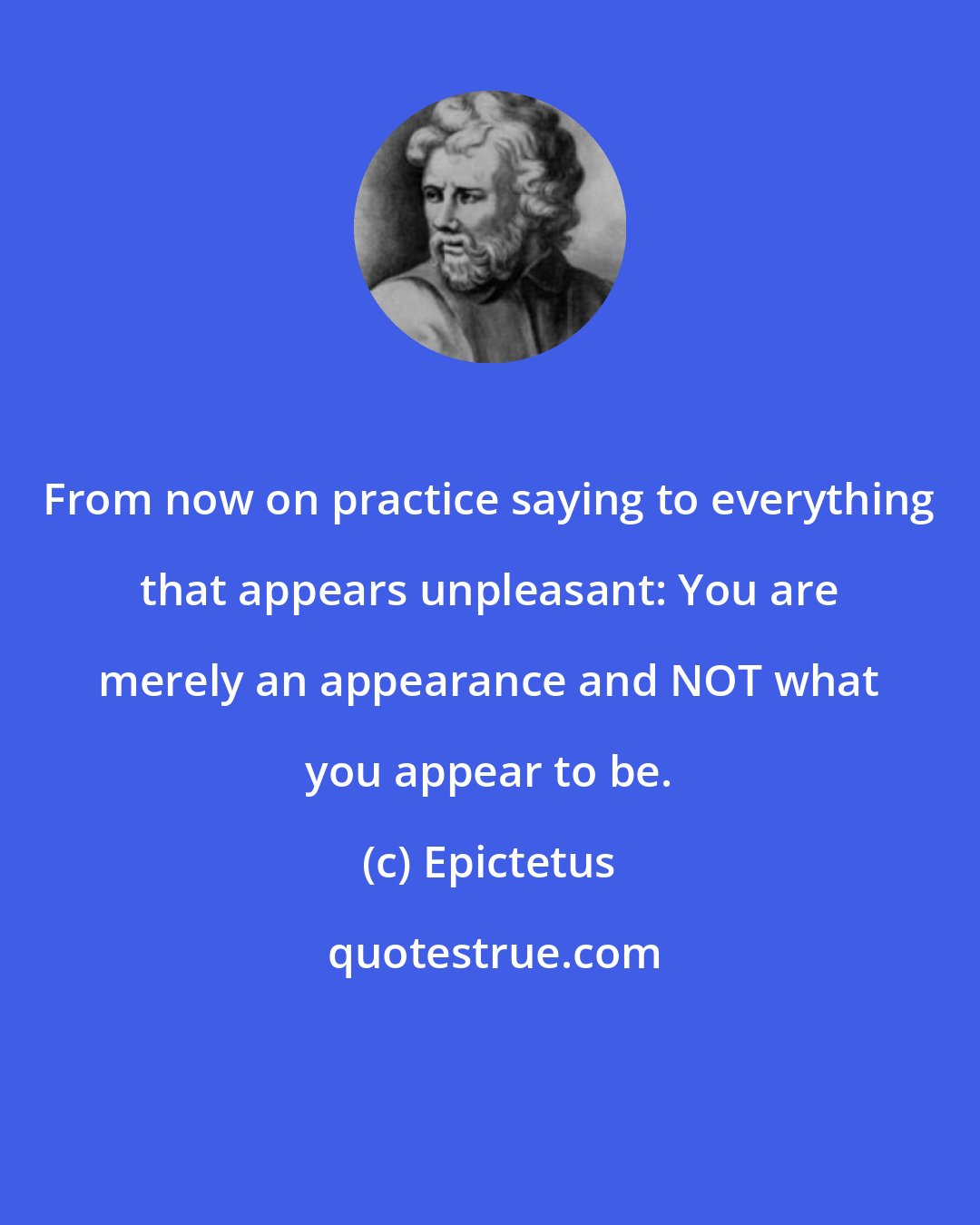 Epictetus: From now on practice saying to everything that appears unpleasant: You are merely an appearance and NOT what you appear to be.