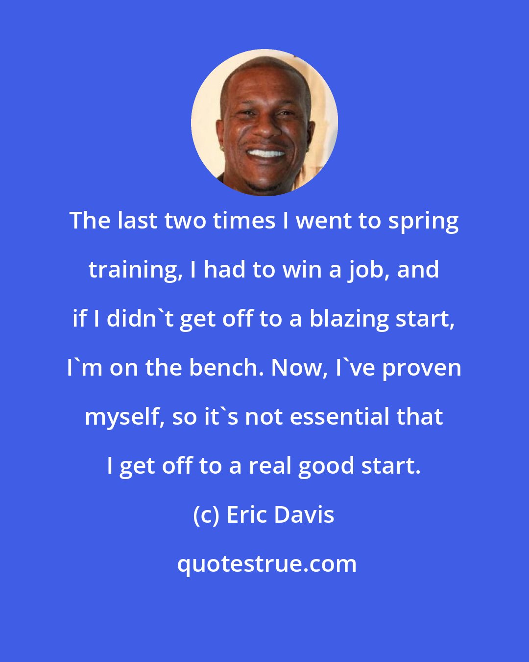 Eric Davis: The last two times I went to spring training, I had to win a job, and if I didn't get off to a blazing start, I'm on the bench. Now, I've proven myself, so it's not essential that I get off to a real good start.