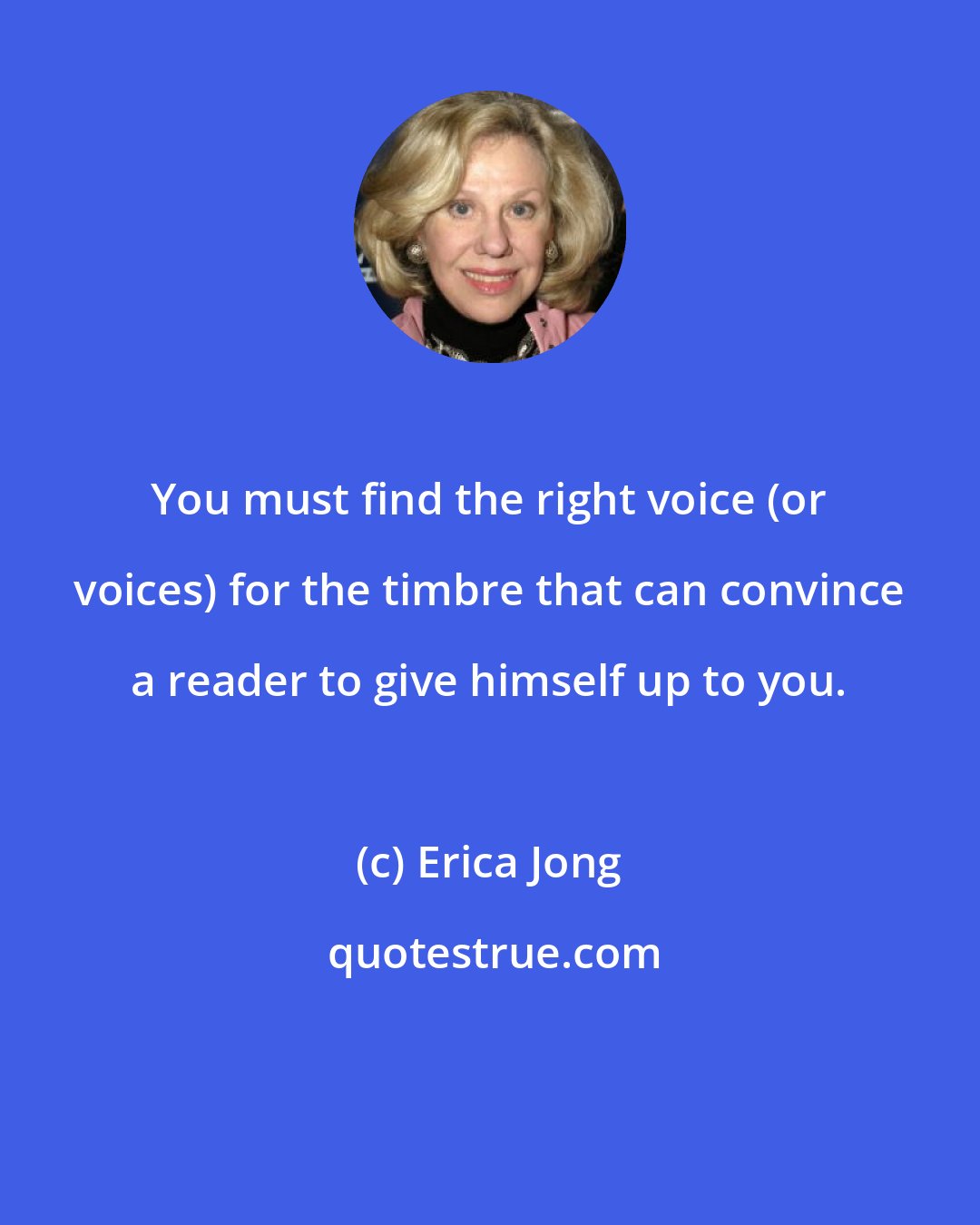 Erica Jong: You must find the right voice (or voices) for the timbre that can convince a reader to give himself up to you.