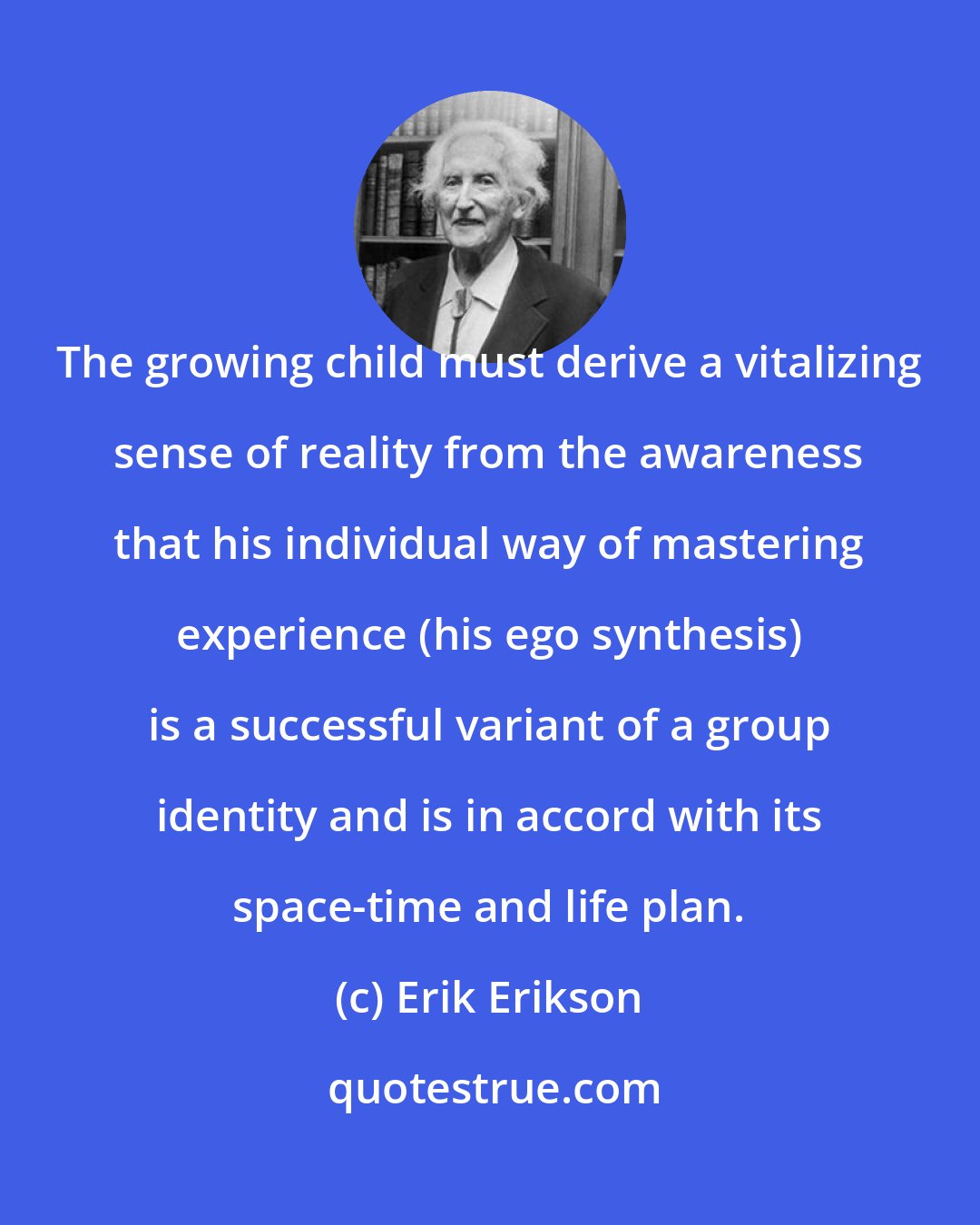 Erik Erikson: The growing child must derive a vitalizing sense of reality from the awareness that his individual way of mastering experience (his ego synthesis) is a successful variant of a group identity and is in accord with its space-time and life plan.