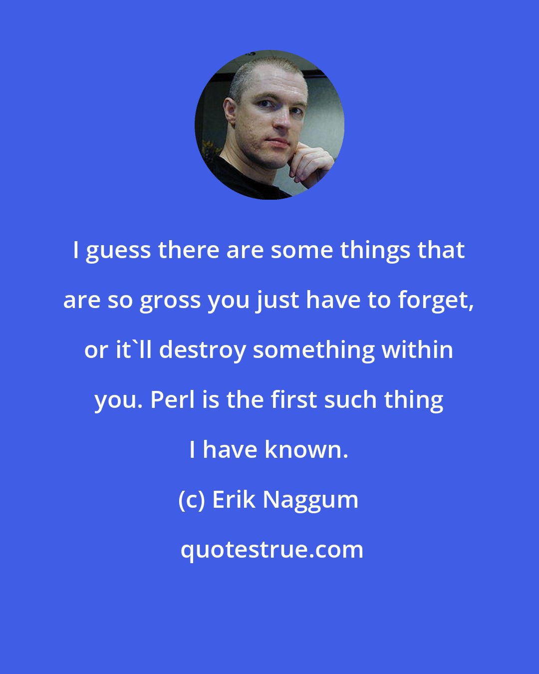 Erik Naggum: I guess there are some things that are so gross you just have to forget, or it'll destroy something within you. Perl is the first such thing I have known.