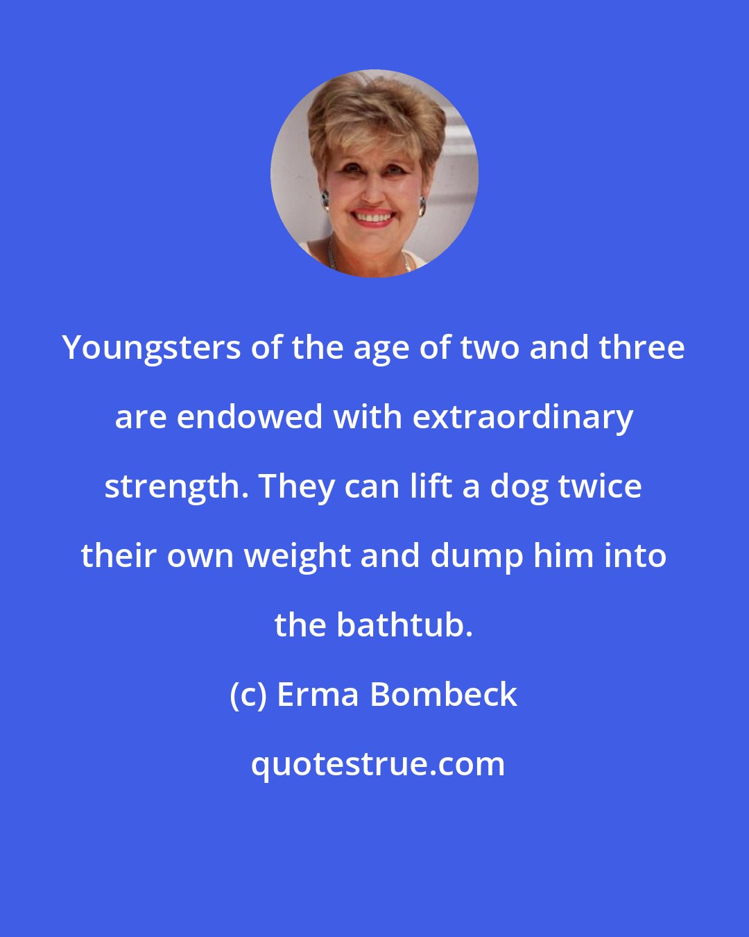 Erma Bombeck: Youngsters of the age of two and three are endowed with extraordinary strength. They can lift a dog twice their own weight and dump him into the bathtub.
