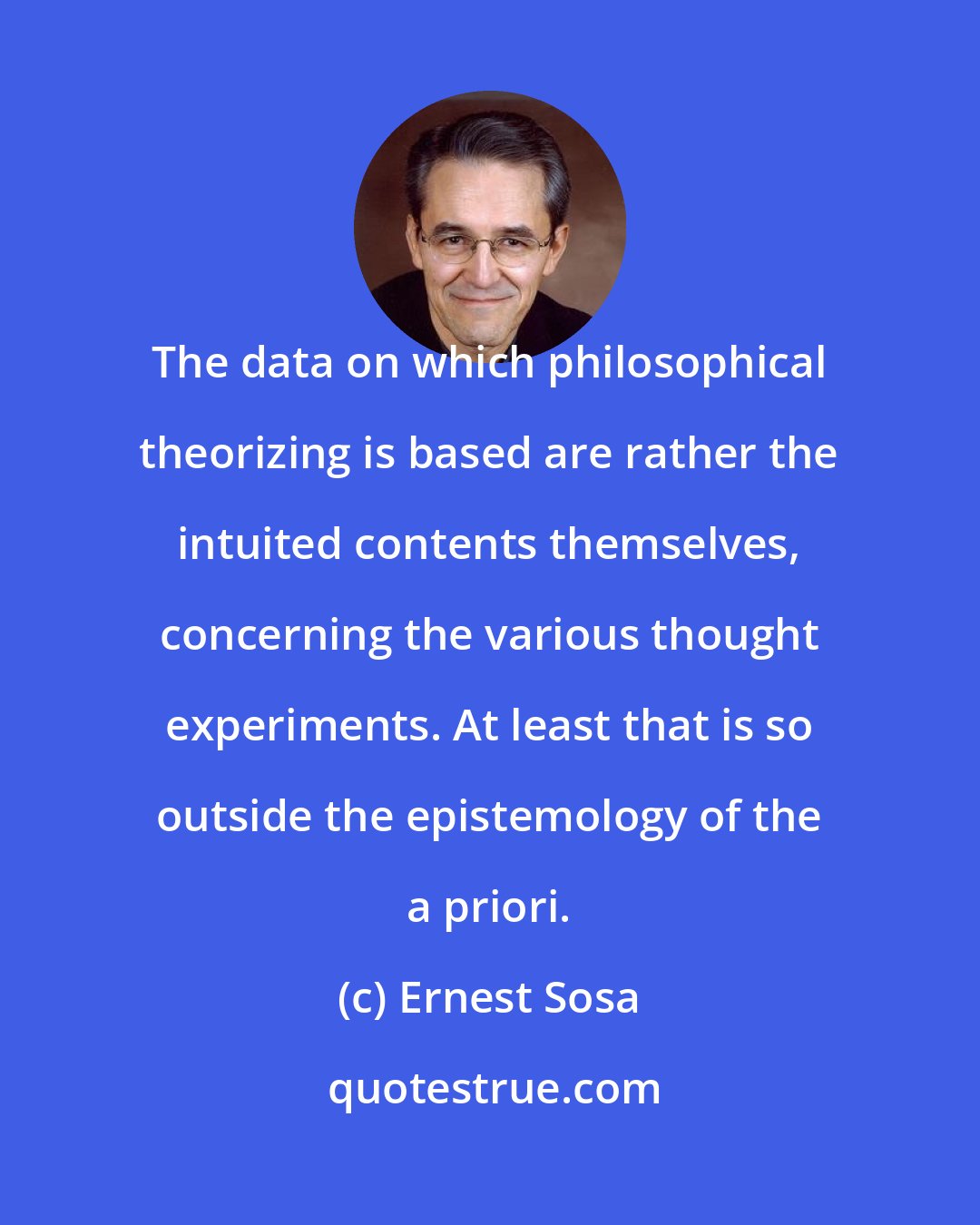 Ernest Sosa: The data on which philosophical theorizing is based are rather the intuited contents themselves, concerning the various thought experiments. At least that is so outside the epistemology of the a priori.