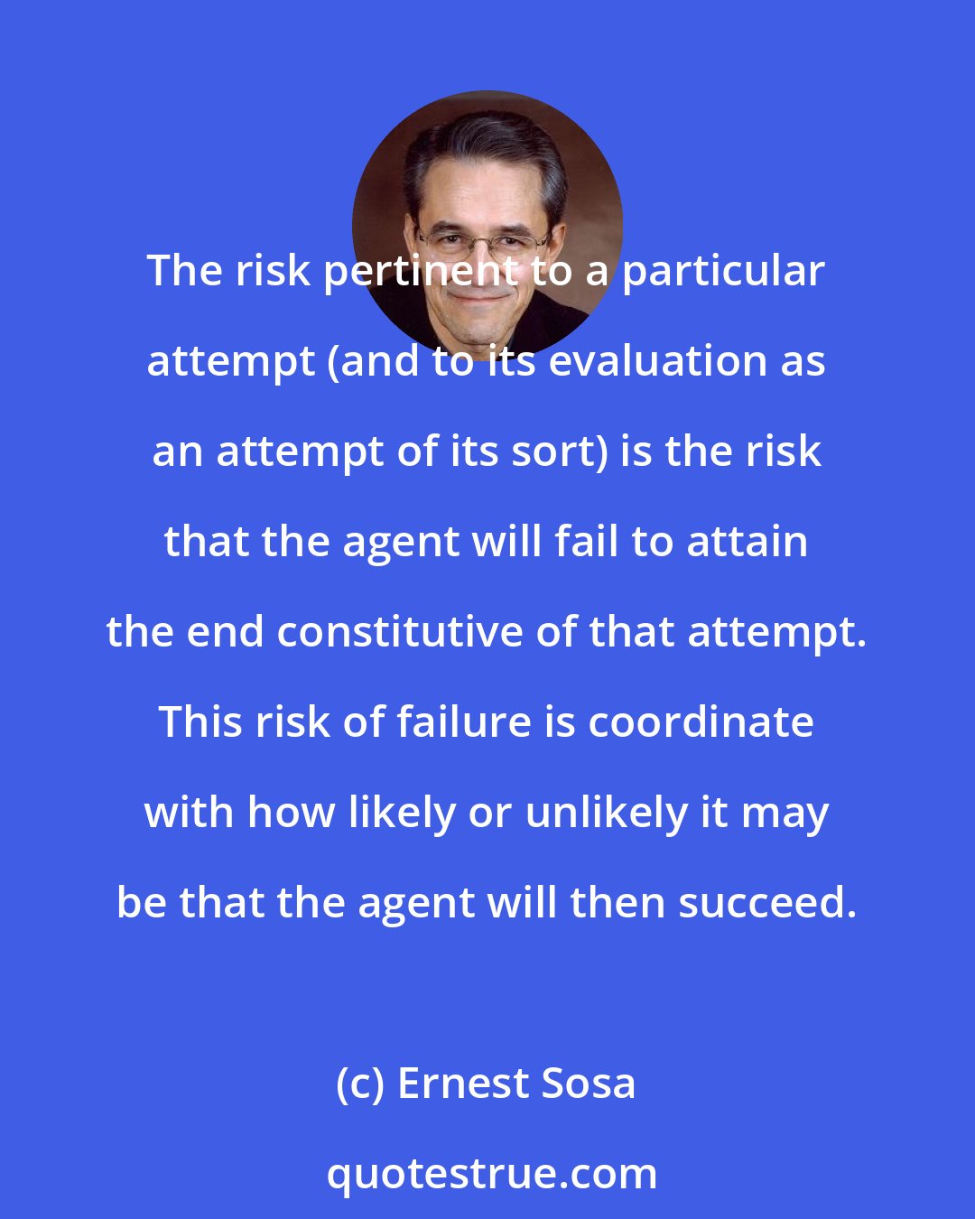 Ernest Sosa: The risk pertinent to a particular attempt (and to its evaluation as an attempt of its sort) is the risk that the agent will fail to attain the end constitutive of that attempt. This risk of failure is coordinate with how likely or unlikely it may be that the agent will then succeed.