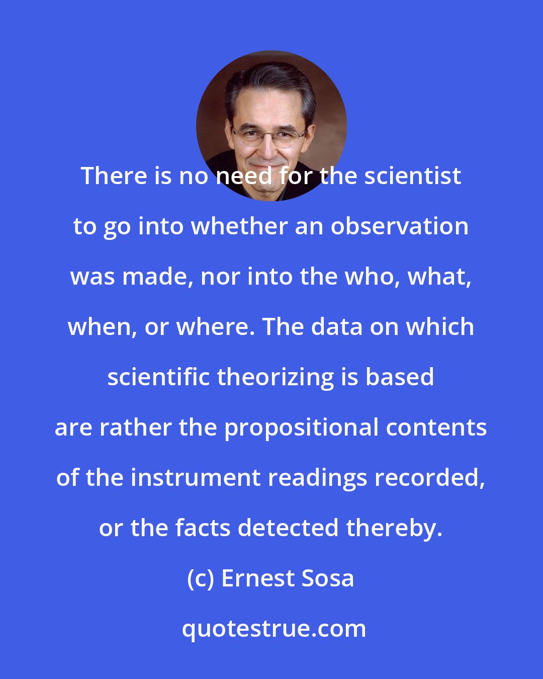 Ernest Sosa: There is no need for the scientist to go into whether an observation was made, nor into the who, what, when, or where. The data on which scientific theorizing is based are rather the propositional contents of the instrument readings recorded, or the facts detected thereby.