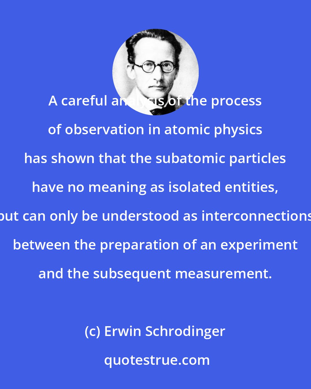 Erwin Schrodinger: A careful analysis of the process of observation in atomic physics has shown that the subatomic particles have no meaning as isolated entities, but can only be understood as interconnections between the preparation of an experiment and the subsequent measurement.