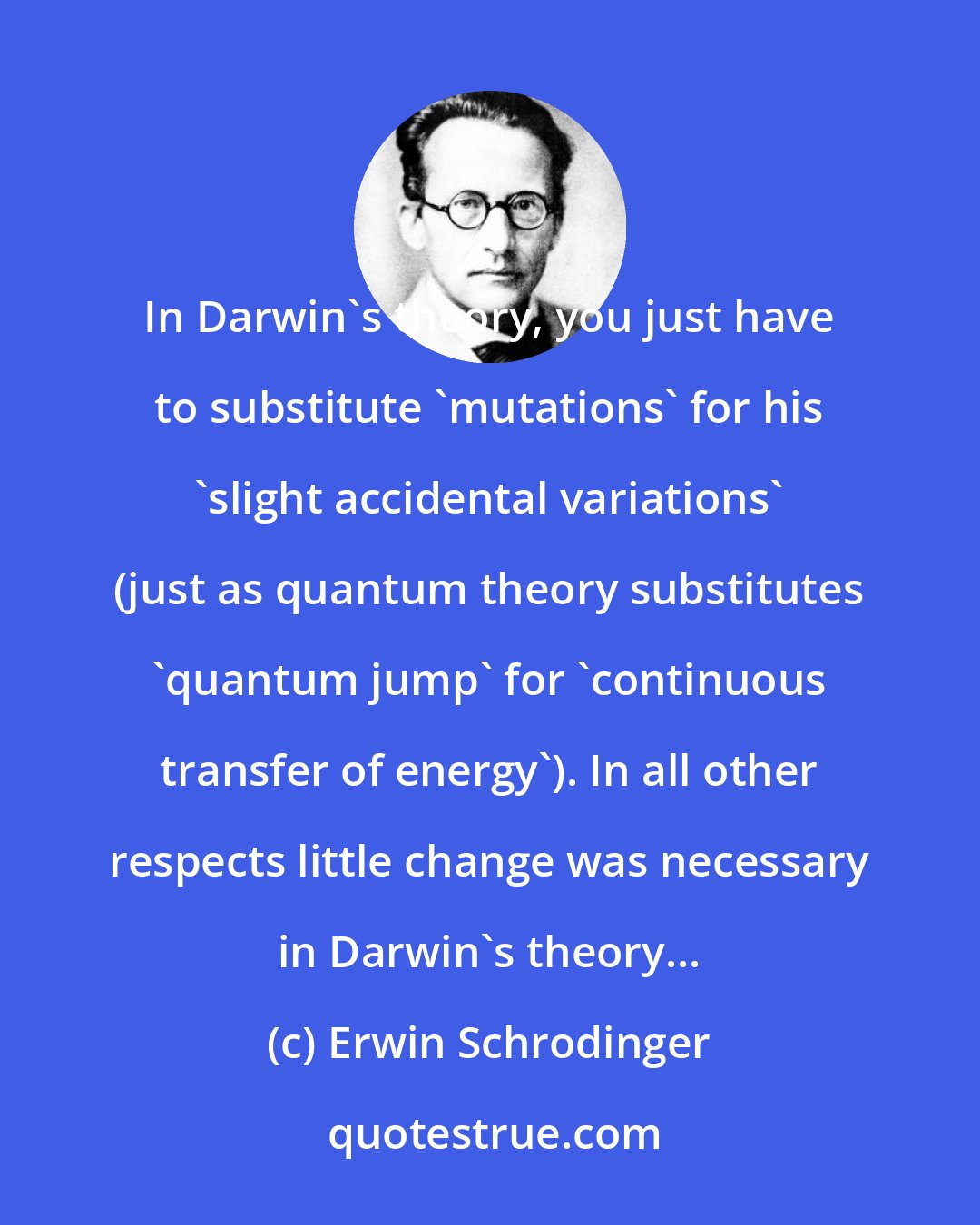 Erwin Schrodinger: In Darwin's theory, you just have to substitute 'mutations' for his 'slight accidental variations' (just as quantum theory substitutes 'quantum jump' for 'continuous transfer of energy'). In all other respects little change was necessary in Darwin's theory...