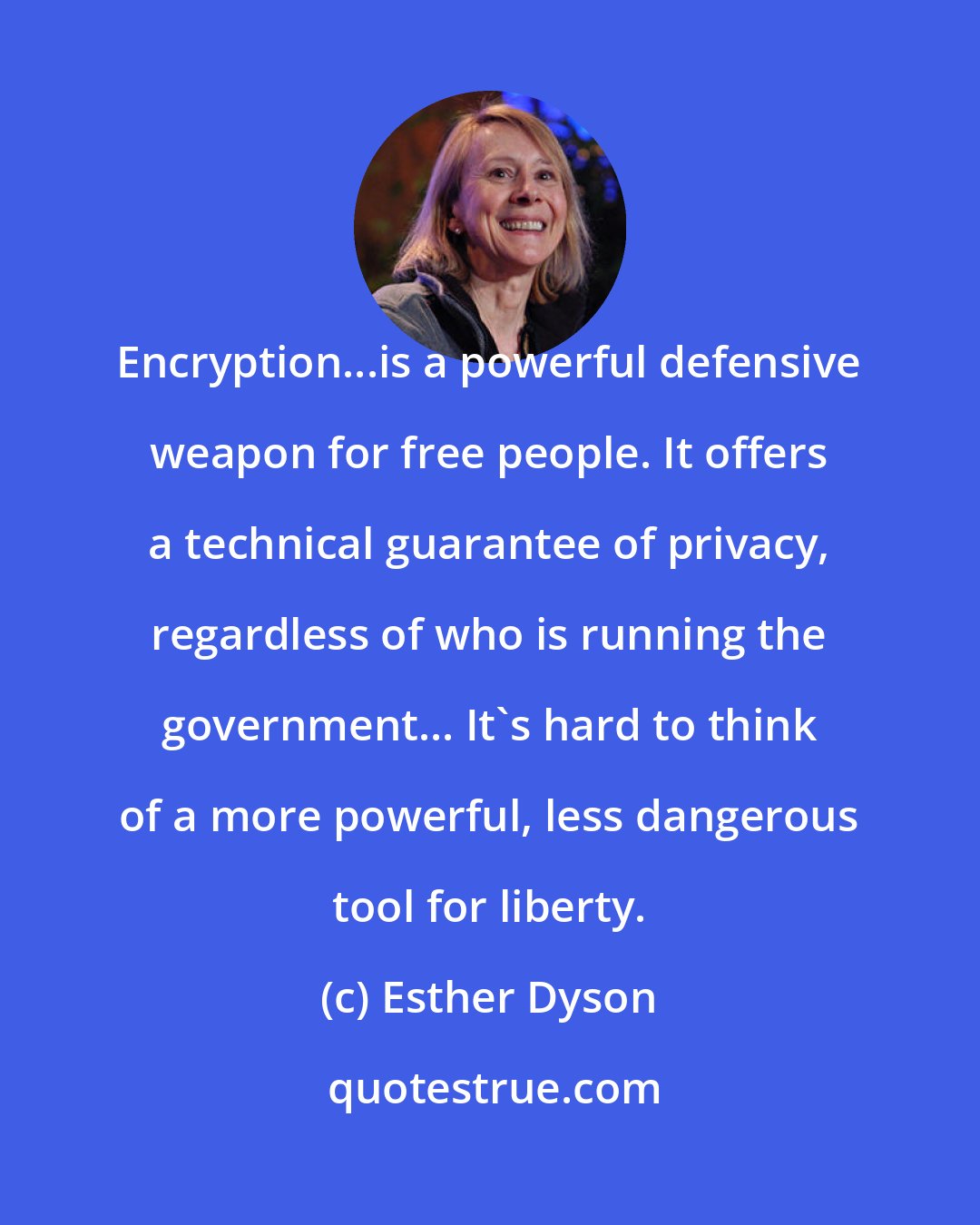 Esther Dyson: Encryption...is a powerful defensive weapon for free people. It offers a technical guarantee of privacy, regardless of who is running the government... It's hard to think of a more powerful, less dangerous tool for liberty.