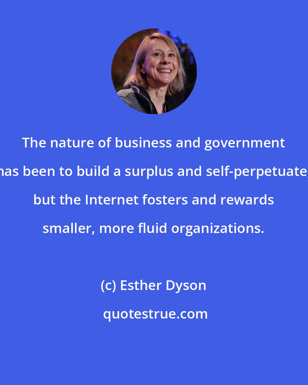 Esther Dyson: The nature of business and government has been to build a surplus and self-perpetuate, but the Internet fosters and rewards smaller, more fluid organizations.