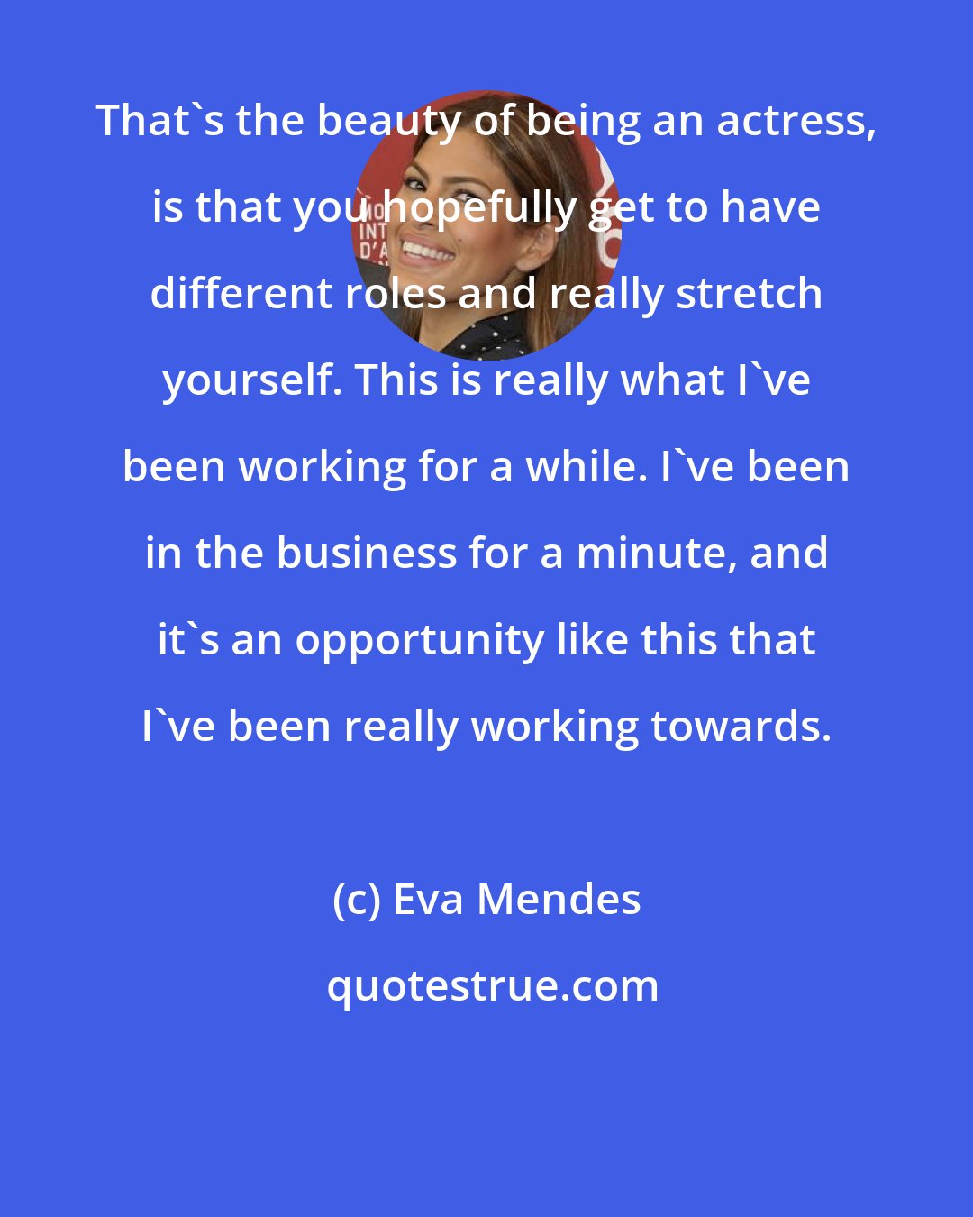 Eva Mendes: That's the beauty of being an actress, is that you hopefully get to have different roles and really stretch yourself. This is really what I've been working for a while. I've been in the business for a minute, and it's an opportunity like this that I've been really working towards.