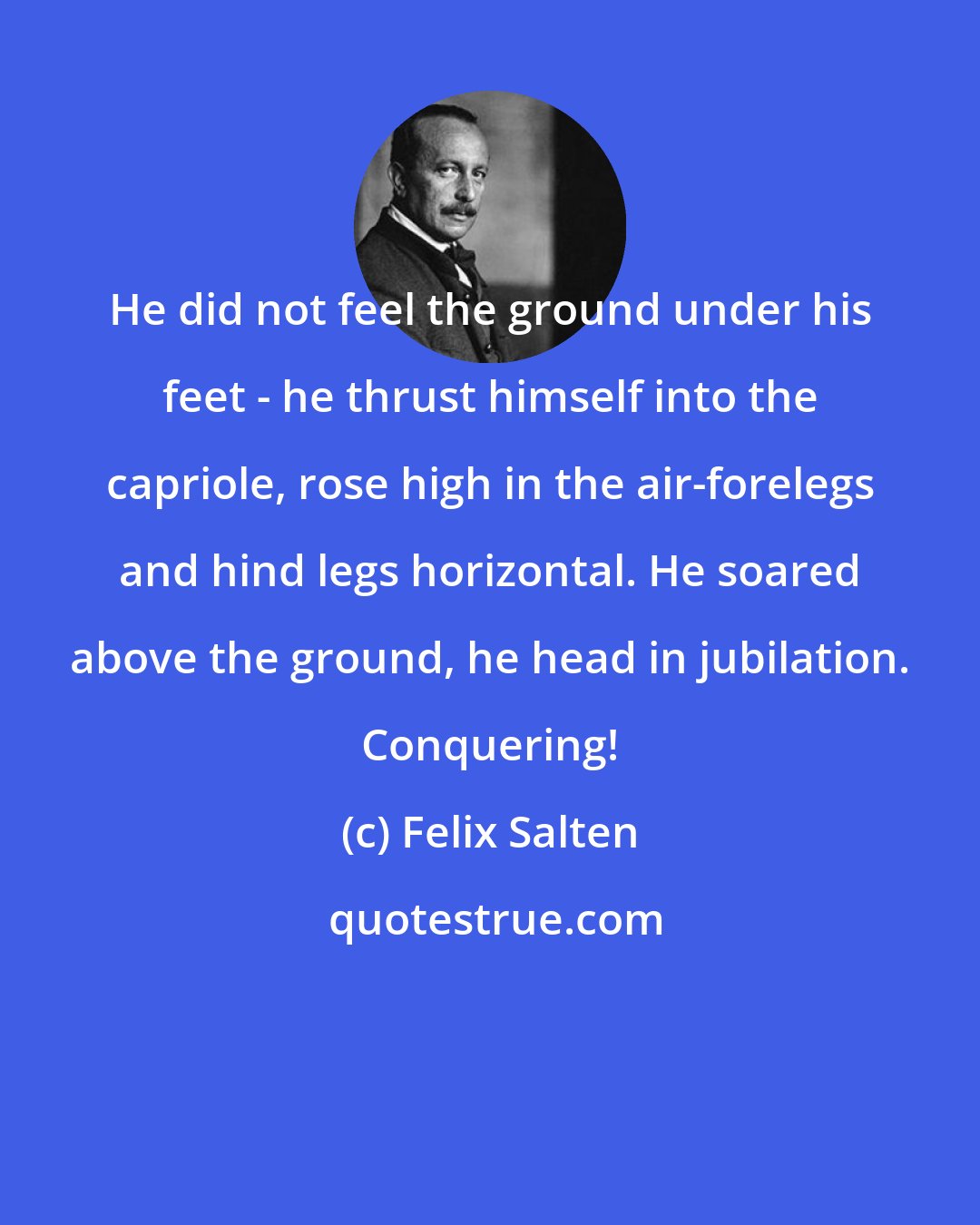 Felix Salten: He did not feel the ground under his feet - he thrust himself into the capriole, rose high in the air-forelegs and hind legs horizontal. He soared above the ground, he head in jubilation. Conquering!