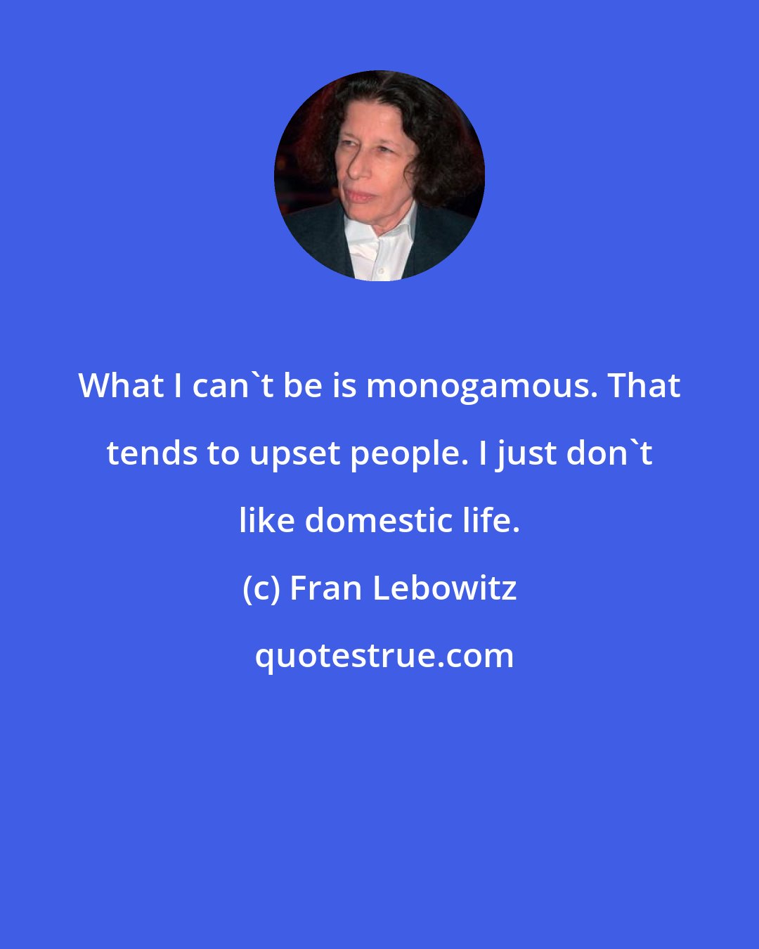 Fran Lebowitz: What I can't be is monogamous. That tends to upset people. I just don't like domestic life.