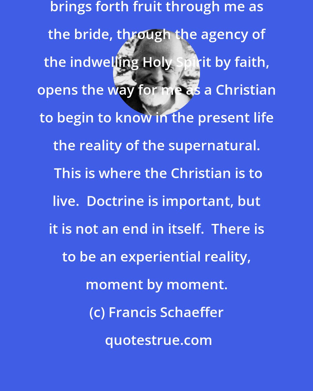 Francis Schaeffer: But the fact that Christ as the bridegroom brings forth fruit through me as the bride, through the agency of the indwelling Holy Spirit by faith, opens the way for me as a Christian to begin to know in the present life the reality of the supernatural.  This is where the Christian is to live.  Doctrine is important, but it is not an end in itself.  There is to be an experiential reality, moment by moment.