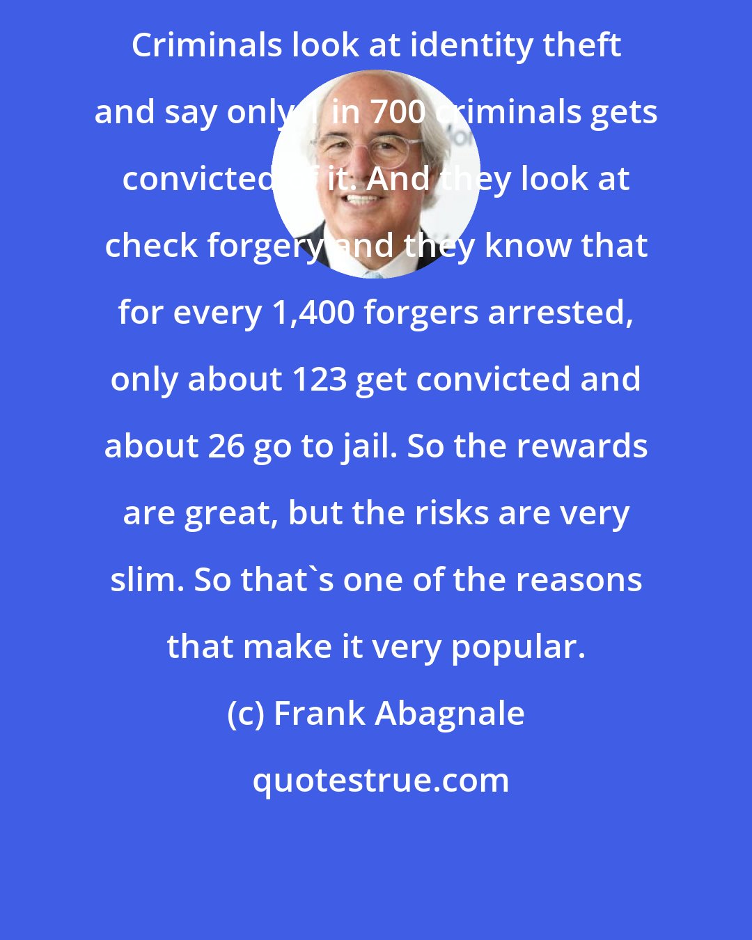 Frank Abagnale: Criminals look at identity theft and say only 1 in 700 criminals gets convicted of it. And they look at check forgery and they know that for every 1,400 forgers arrested, only about 123 get convicted and about 26 go to jail. So the rewards are great, but the risks are very slim. So that's one of the reasons that make it very popular.