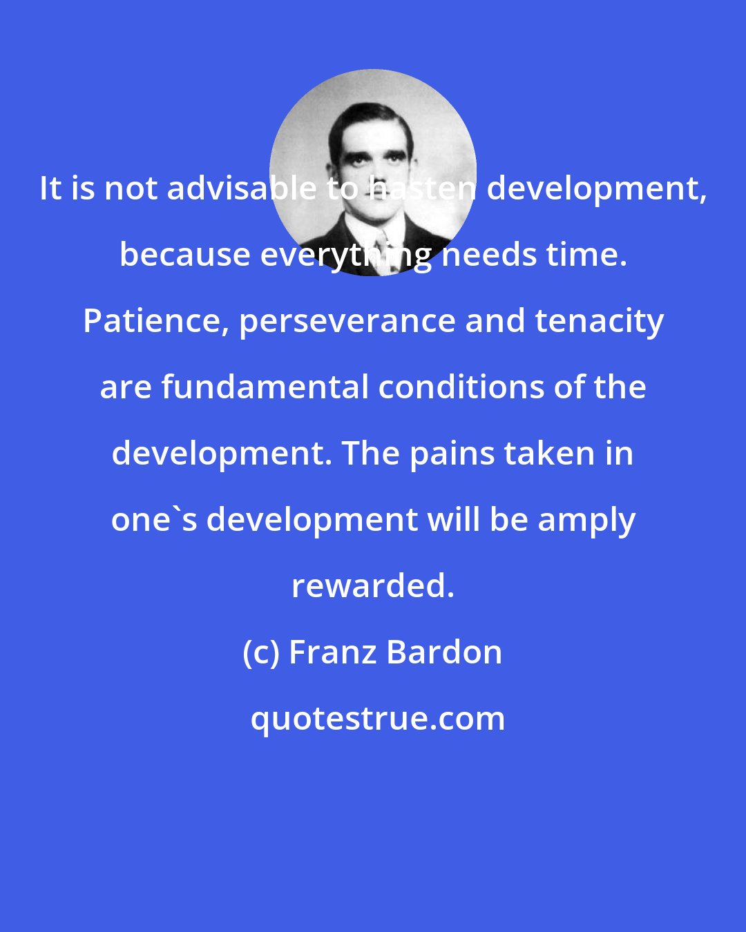 Franz Bardon: It is not advisable to hasten development, because everything needs time. Patience, perseverance and tenacity are fundamental conditions of the development. The pains taken in one's development will be amply rewarded.