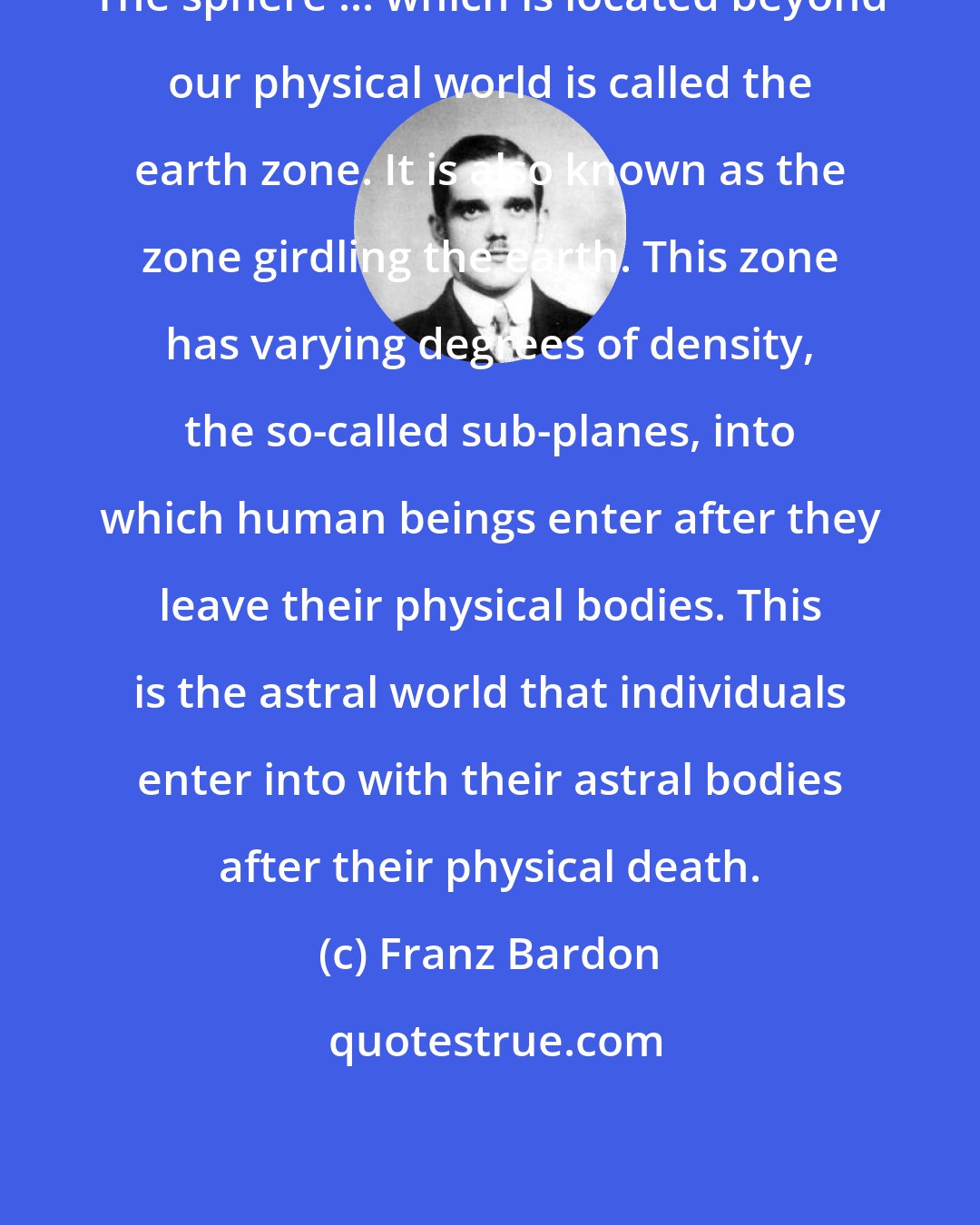 Franz Bardon: The sphere ... which is located beyond our physical world is called the earth zone. It is also known as the zone girdling the earth. This zone has varying degrees of density, the so-called sub-planes, into which human beings enter after they leave their physical bodies. This is the astral world that individuals enter into with their astral bodies after their physical death.