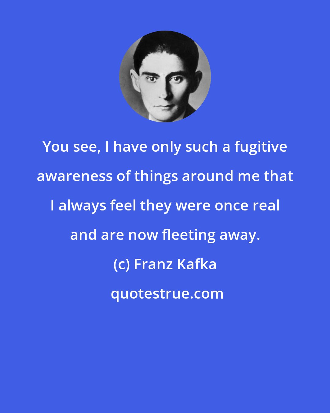 Franz Kafka: You see, I have only such a fugitive awareness of things around me that I always feel they were once real and are now fleeting away.