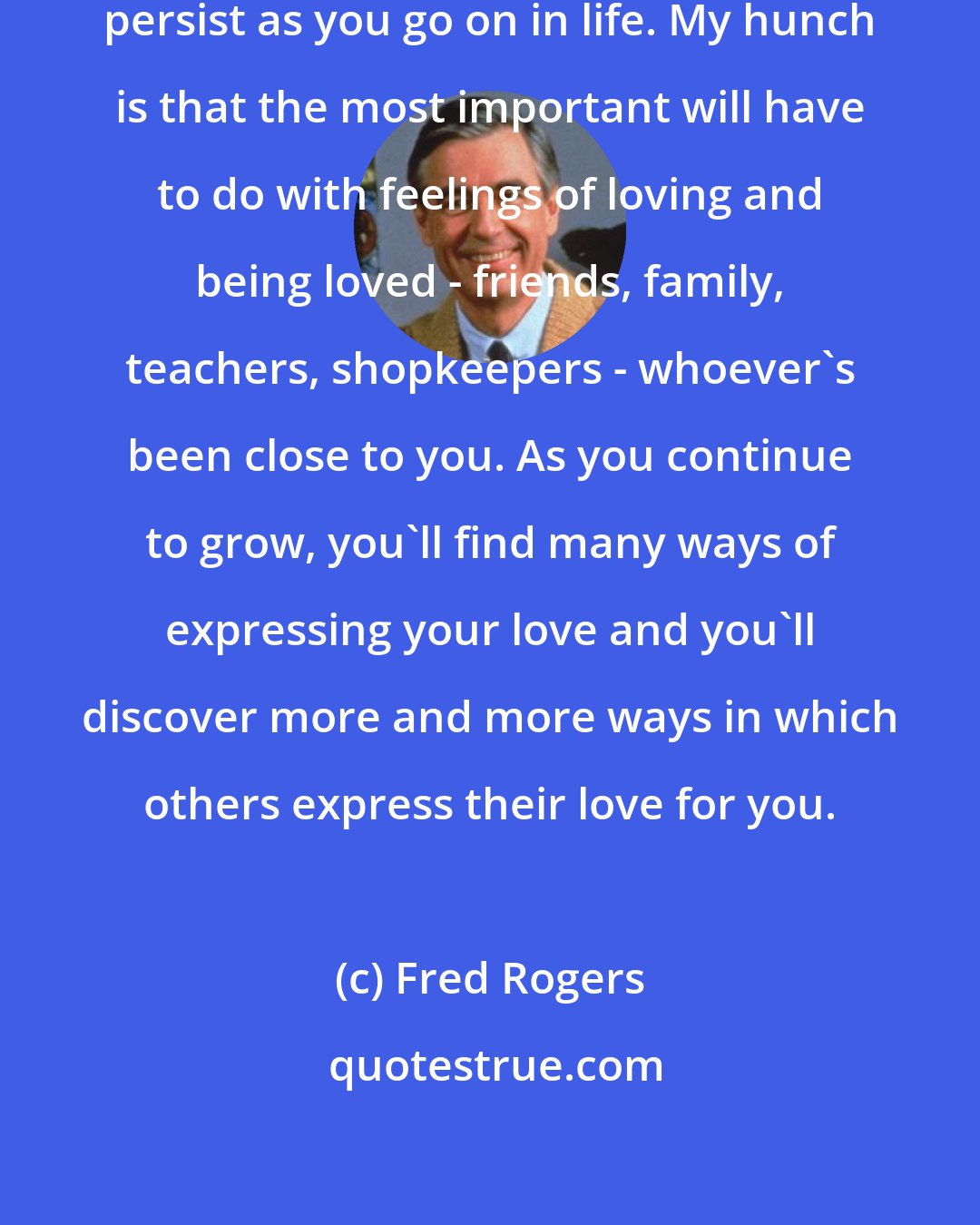 Fred Rogers: I wonder what memories of yours will persist as you go on in life. My hunch is that the most important will have to do with feelings of loving and being loved - friends, family, teachers, shopkeepers - whoever's been close to you. As you continue to grow, you'll find many ways of expressing your love and you'll discover more and more ways in which others express their love for you.
