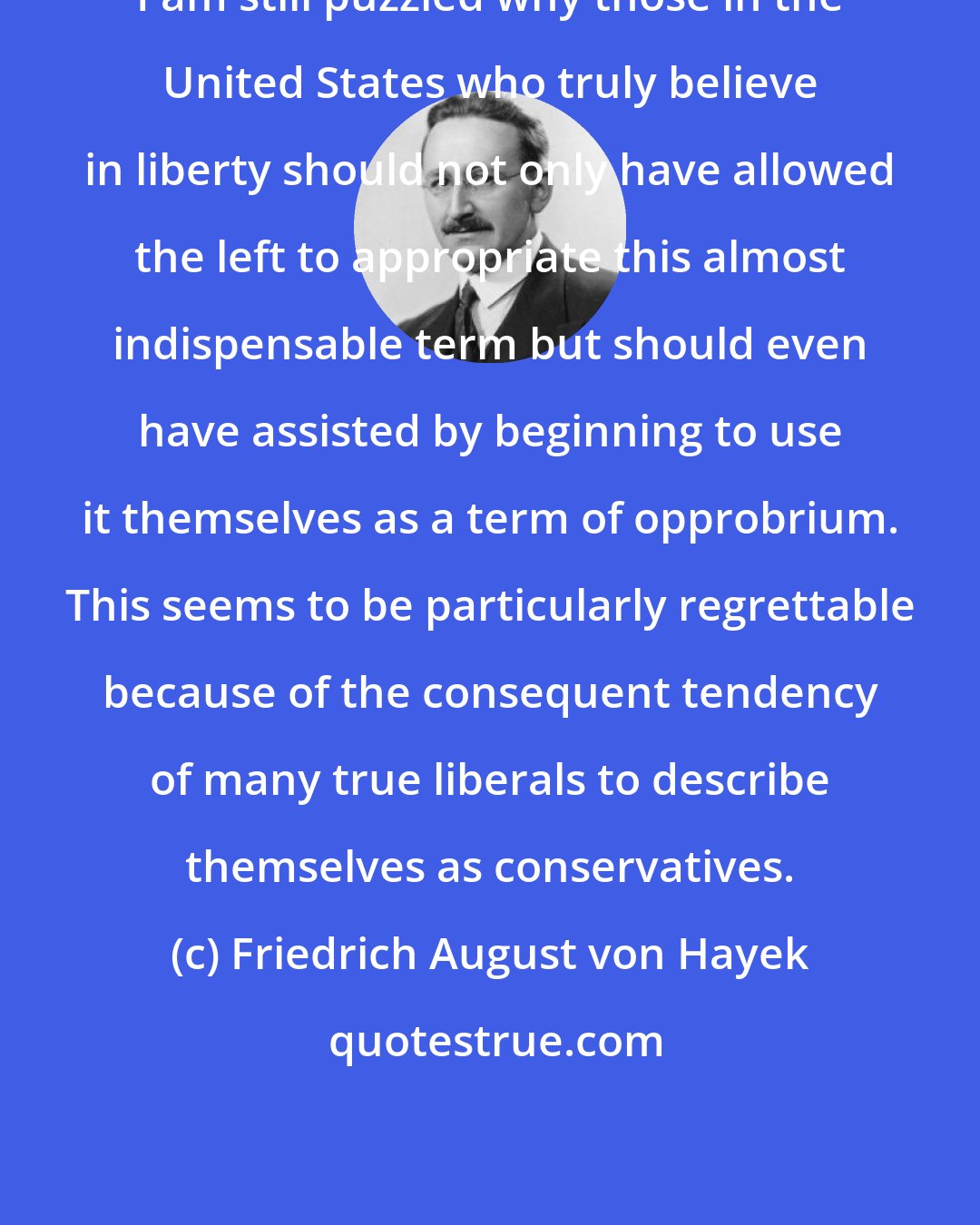 Friedrich August von Hayek: I am still puzzled why those in the United States who truly believe in liberty should not only have allowed the left to appropriate this almost indispensable term but should even have assisted by beginning to use it themselves as a term of opprobrium. This seems to be particularly regrettable because of the consequent tendency of many true liberals to describe themselves as conservatives.