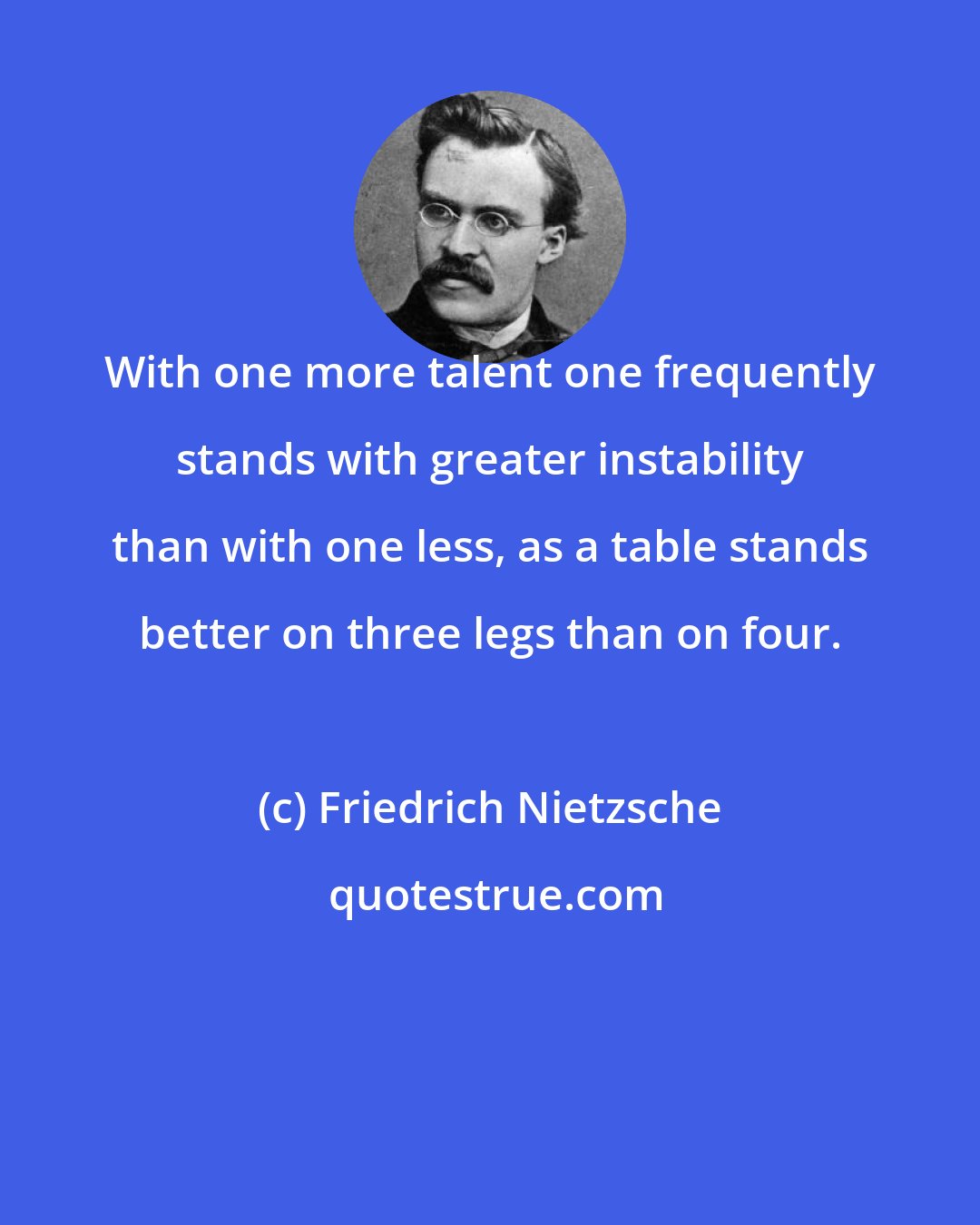 Friedrich Nietzsche: With one more talent one frequently stands with greater instability than with one less, as a table stands better on three legs than on four.