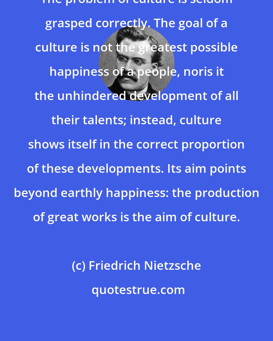 Friedrich Nietzsche: The problem of culture is seldom grasped correctly. The goal of a culture is not the greatest possible happiness of a people, noris it the unhindered development of all their talents; instead, culture shows itself in the correct proportion of these developments. Its aim points beyond earthly happiness: the production of great works is the aim of culture.