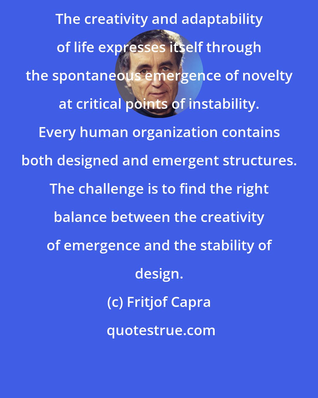 Fritjof Capra: The creativity and adaptability of life expresses itself through the spontaneous emergence of novelty at critical points of instability. Every human organization contains both designed and emergent structures. The challenge is to find the right balance between the creativity of emergence and the stability of design.