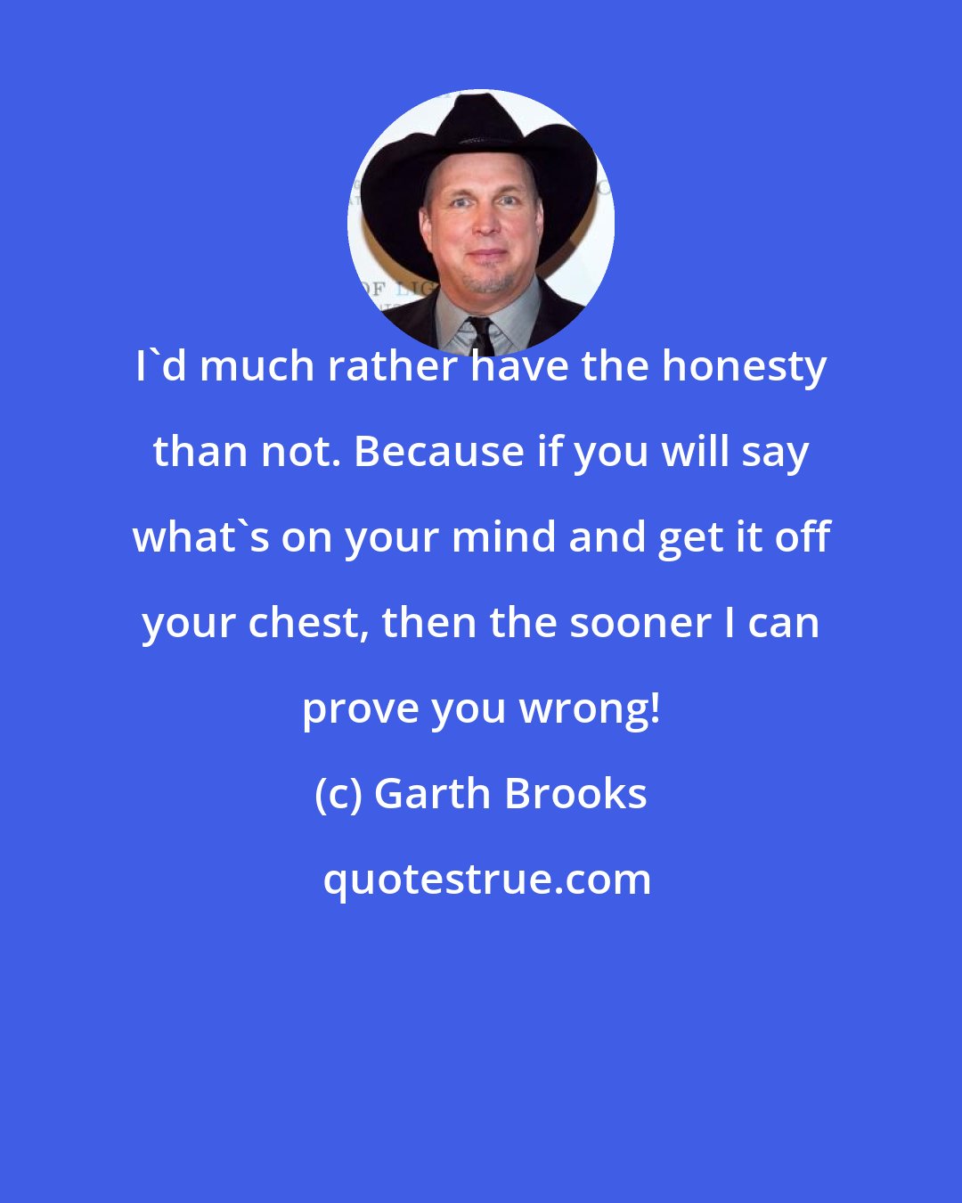 Garth Brooks: I'd much rather have the honesty than not. Because if you will say what's on your mind and get it off your chest, then the sooner I can prove you wrong!