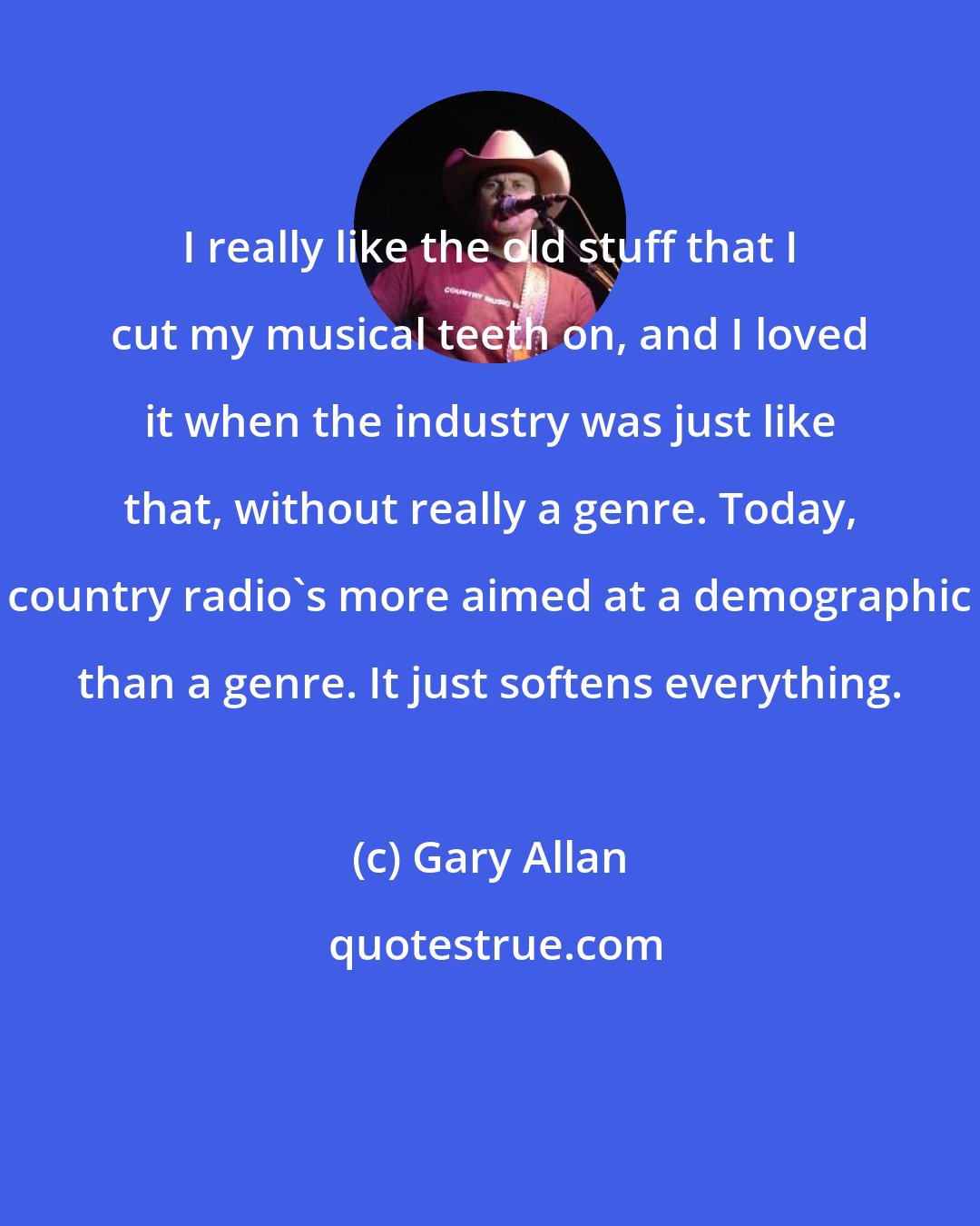 Gary Allan: I really like the old stuff that I cut my musical teeth on, and I loved it when the industry was just like that, without really a genre. Today, country radio's more aimed at a demographic than a genre. It just softens everything.