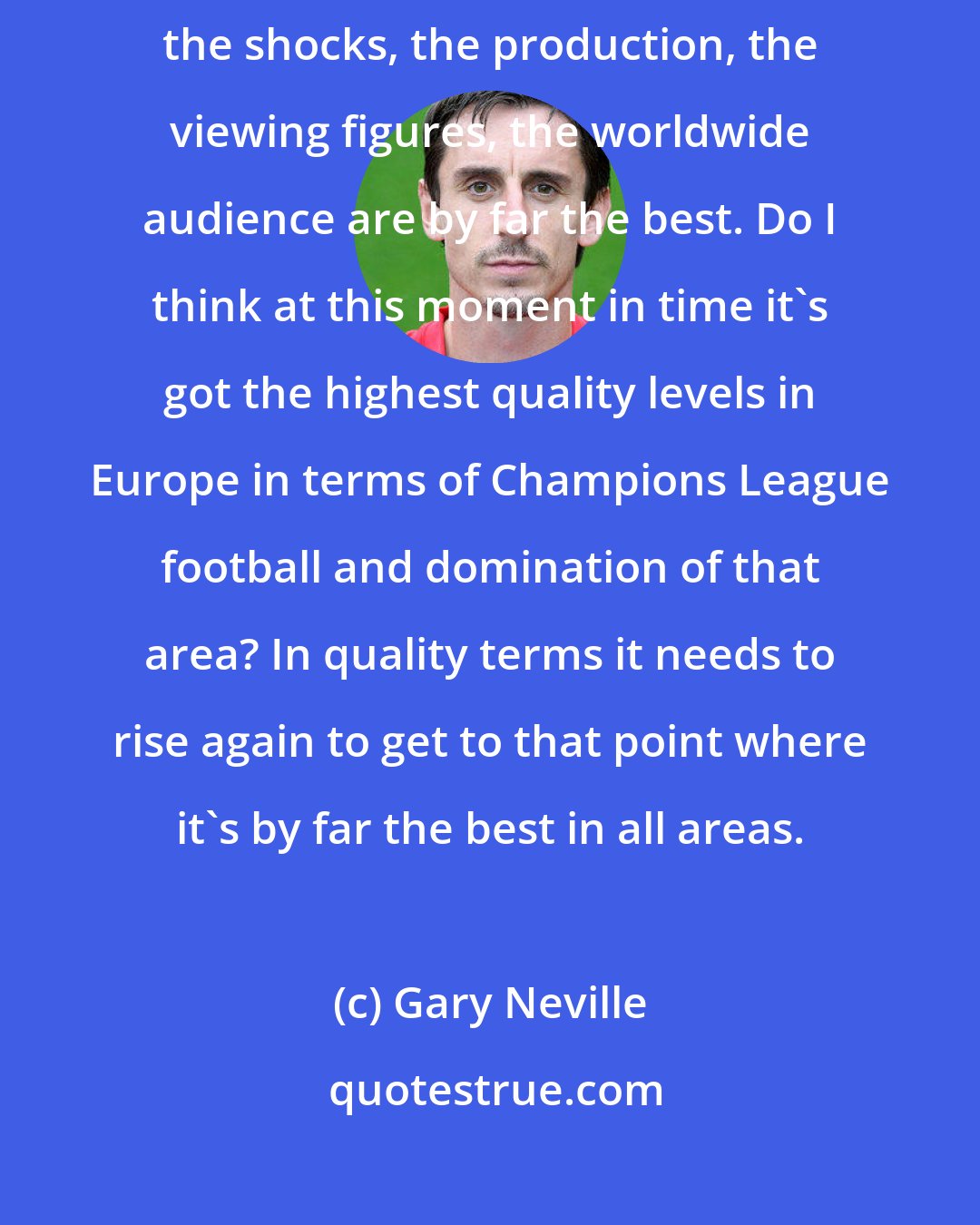 Gary Neville: The Premier League is the No1 league in the world in many areas. The events, the shocks, the production, the viewing figures, the worldwide audience are by far the best. Do I think at this moment in time it's got the highest quality levels in Europe in terms of Champions League football and domination of that area? In quality terms it needs to rise again to get to that point where it's by far the best in all areas.