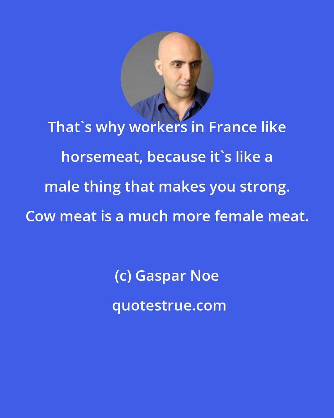 Gaspar Noe: That's why workers in France like horsemeat, because it's like a male thing that makes you strong. Cow meat is a much more female meat.