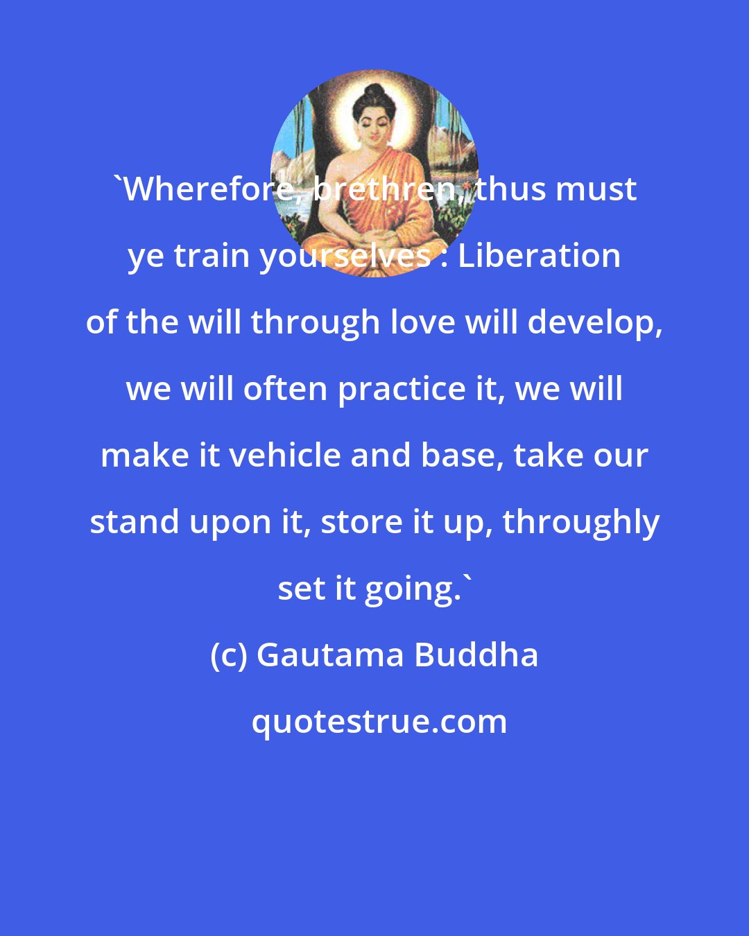 Gautama Buddha: 'Wherefore, brethren, thus must ye train yourselves : Liberation of the will through love will develop, we will often practice it, we will make it vehicle and base, take our stand upon it, store it up, throughly set it going.'