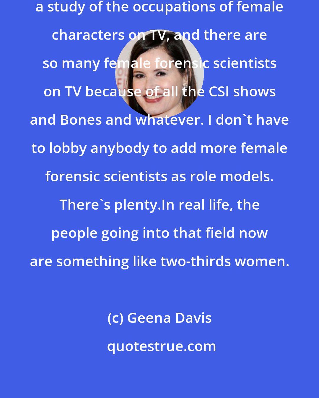 Geena Davis: This is really funny, but we did a study of the occupations of female characters on TV, and there are so many female forensic scientists on TV because of all the CSI shows and Bones and whatever. I don't have to lobby anybody to add more female forensic scientists as role models. There's plenty.In real life, the people going into that field now are something like two-thirds women.