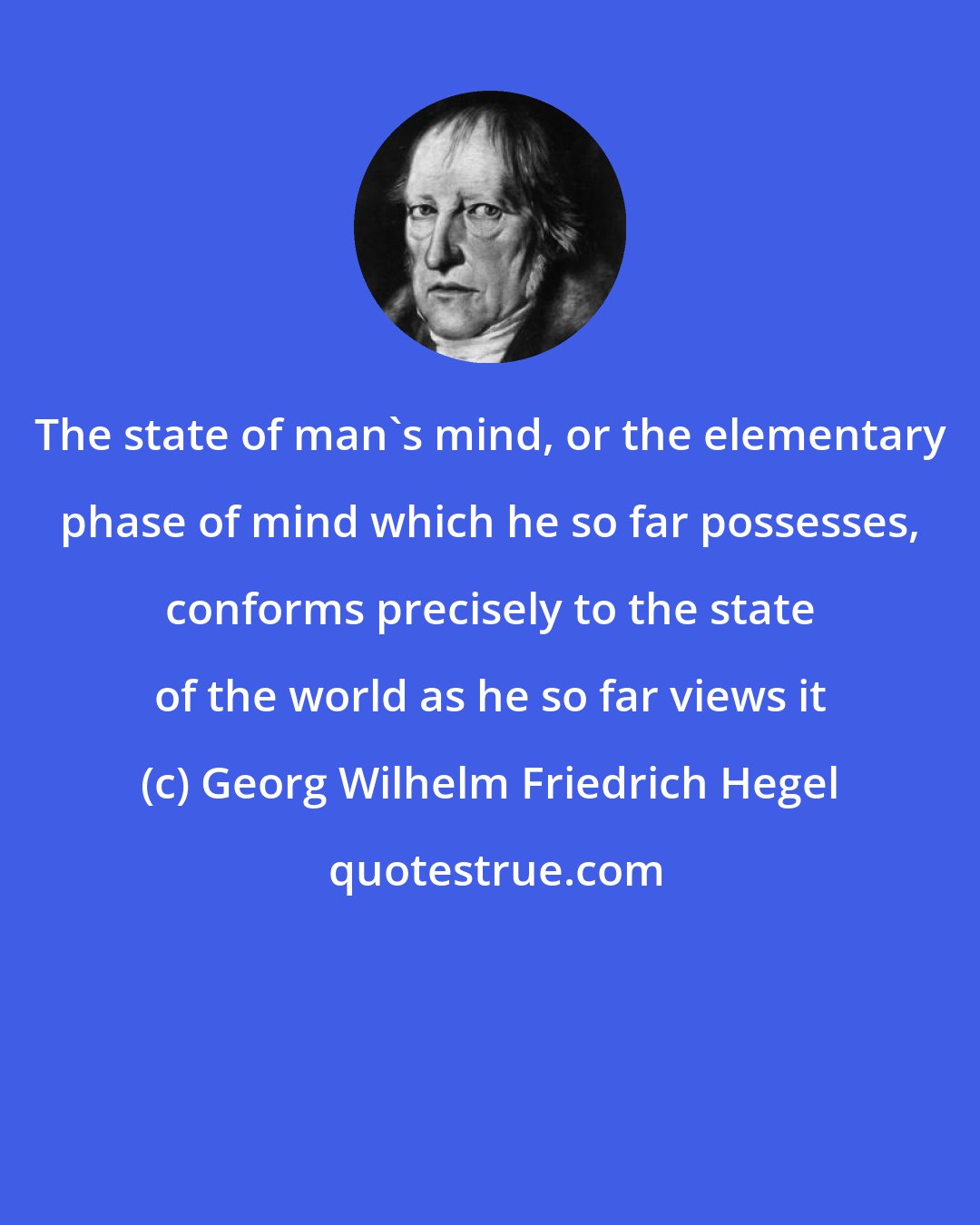 Georg Wilhelm Friedrich Hegel: The state of man's mind, or the elementary phase of mind which he so far possesses, conforms precisely to the state of the world as he so far views it