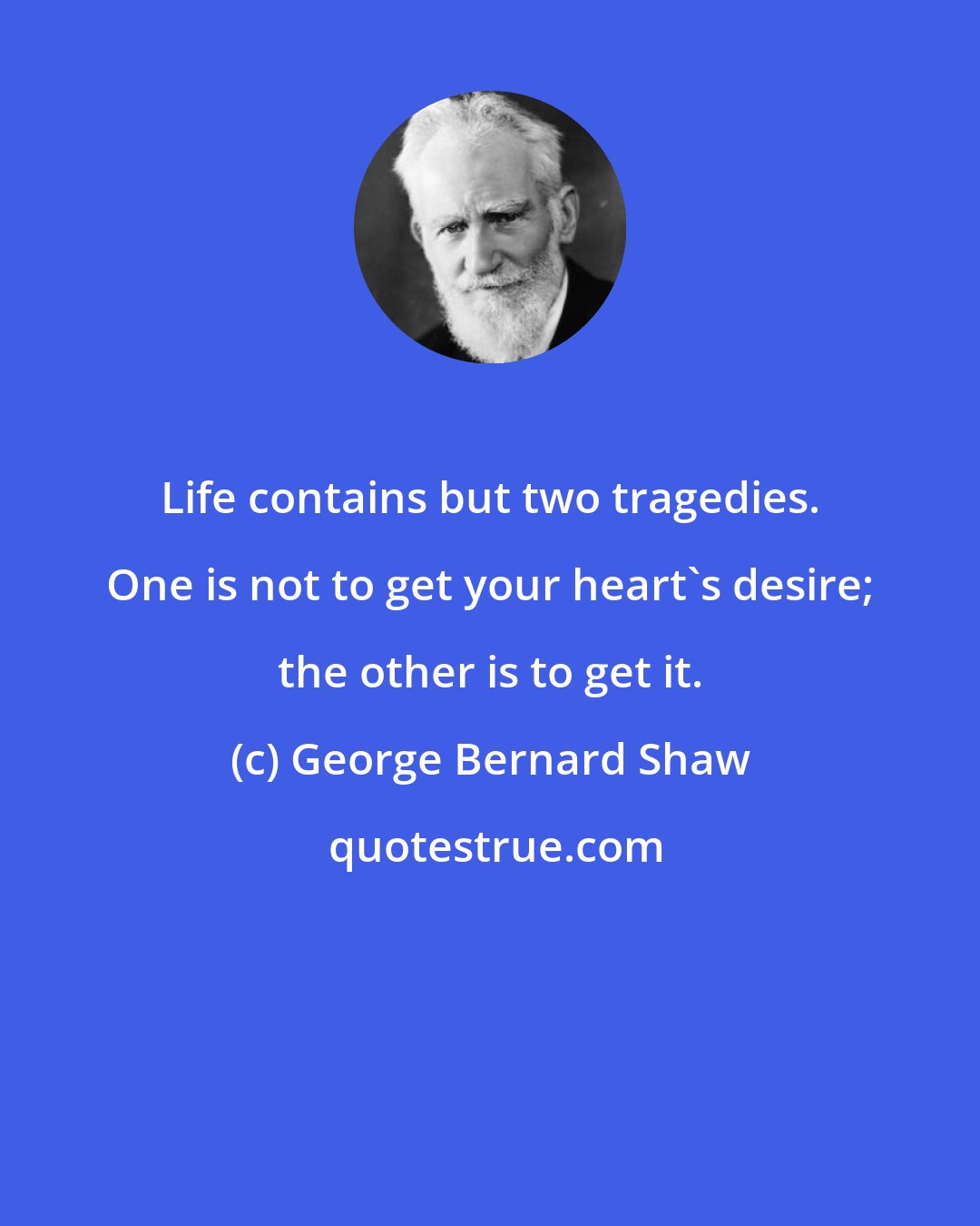 George Bernard Shaw: Life contains but two tragedies. One is not to get your heart's desire; the other is to get it.